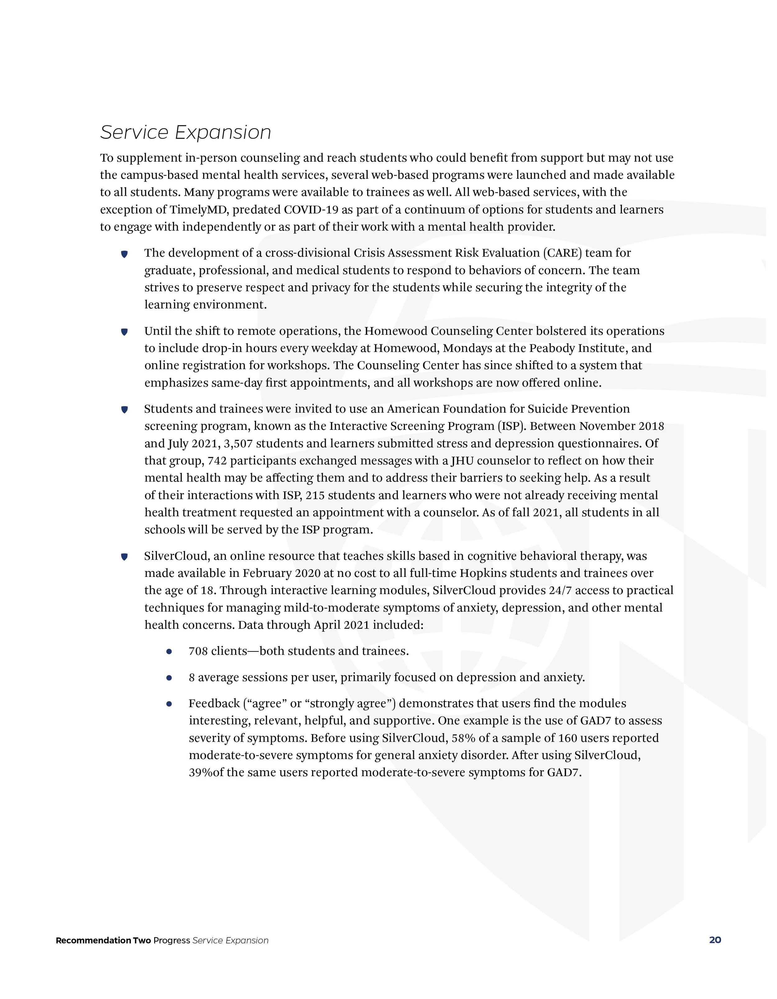 Page from a report discussing service expansion, including updates on mental health programs, crisis assessment teams, online resources, and student support initiatives.