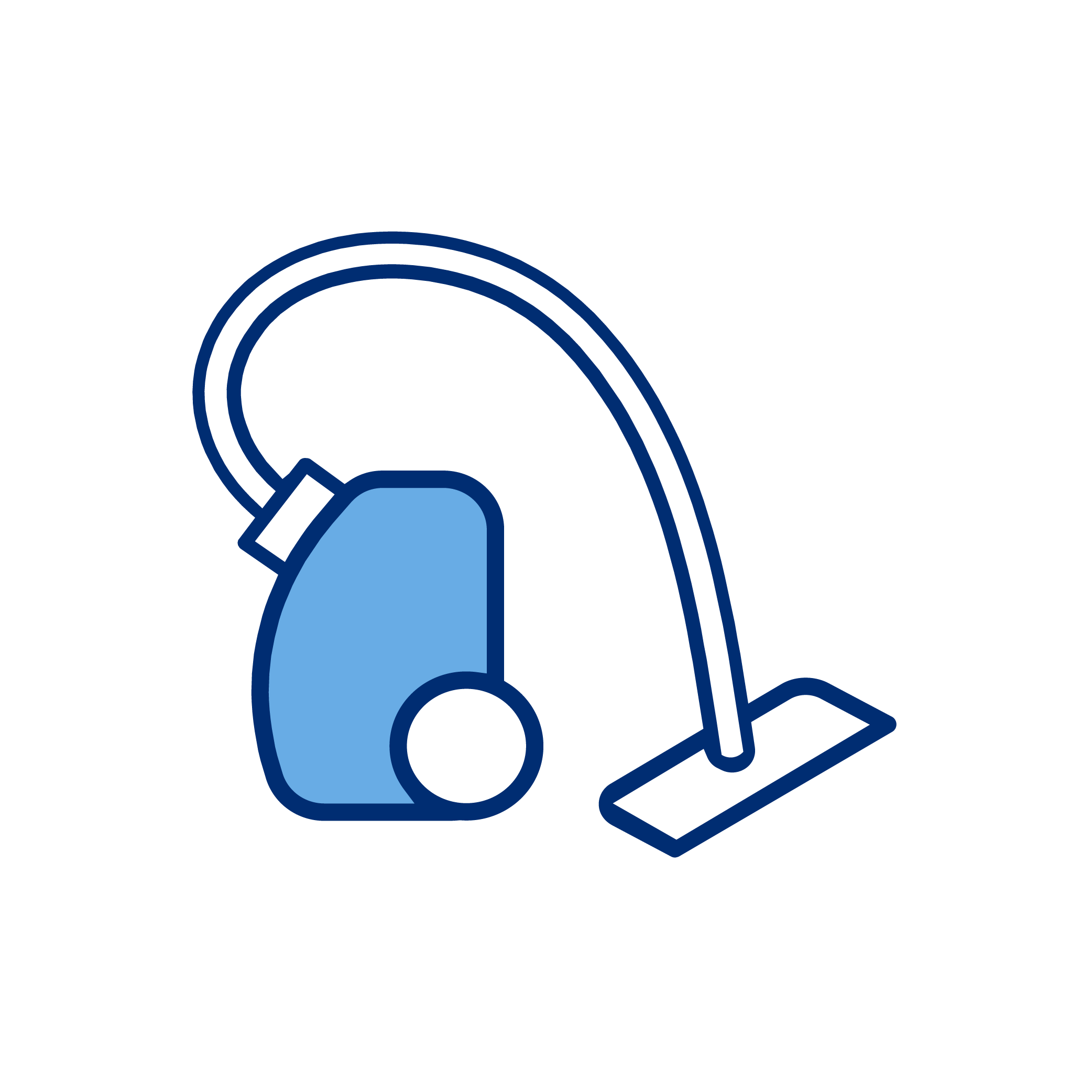 Line drawing of a vacuum cleaner with a long hose and a flat cleaning head.