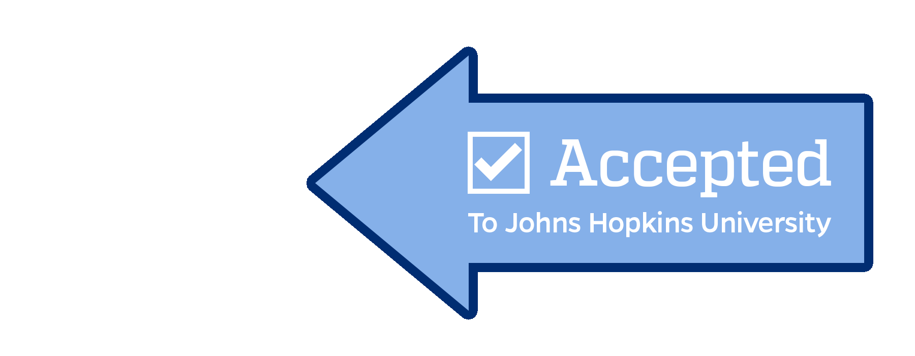 Blue arrow sign pointing left with the words 'Accepted to Johns Hopkins University' and a check mark.