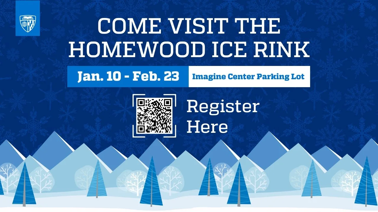 Ice rink event poster with winter theme. Text: "Come visit the Homewood Ice Rink, Jan. 10 to Feb. 23, Imagine Center Parking Lot." Features a snowflake background, stylized snow-capped mountains, and a QR code for registration.