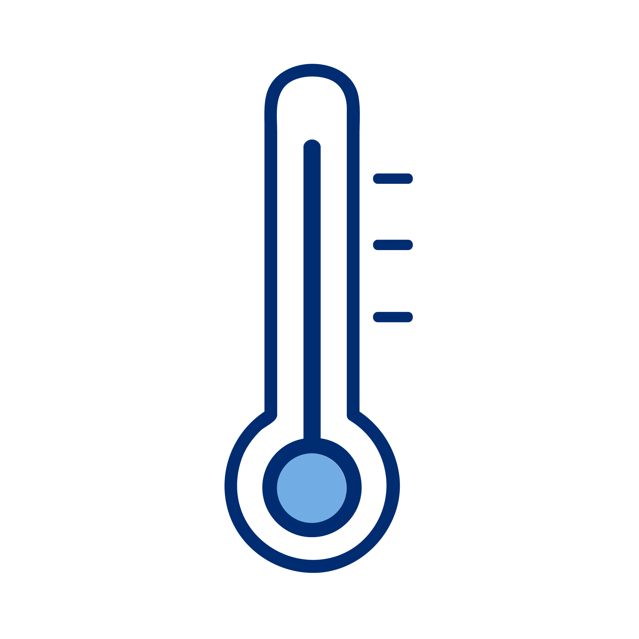 Icon of a thermometer with a blue liquid indicator showing a high temperature.