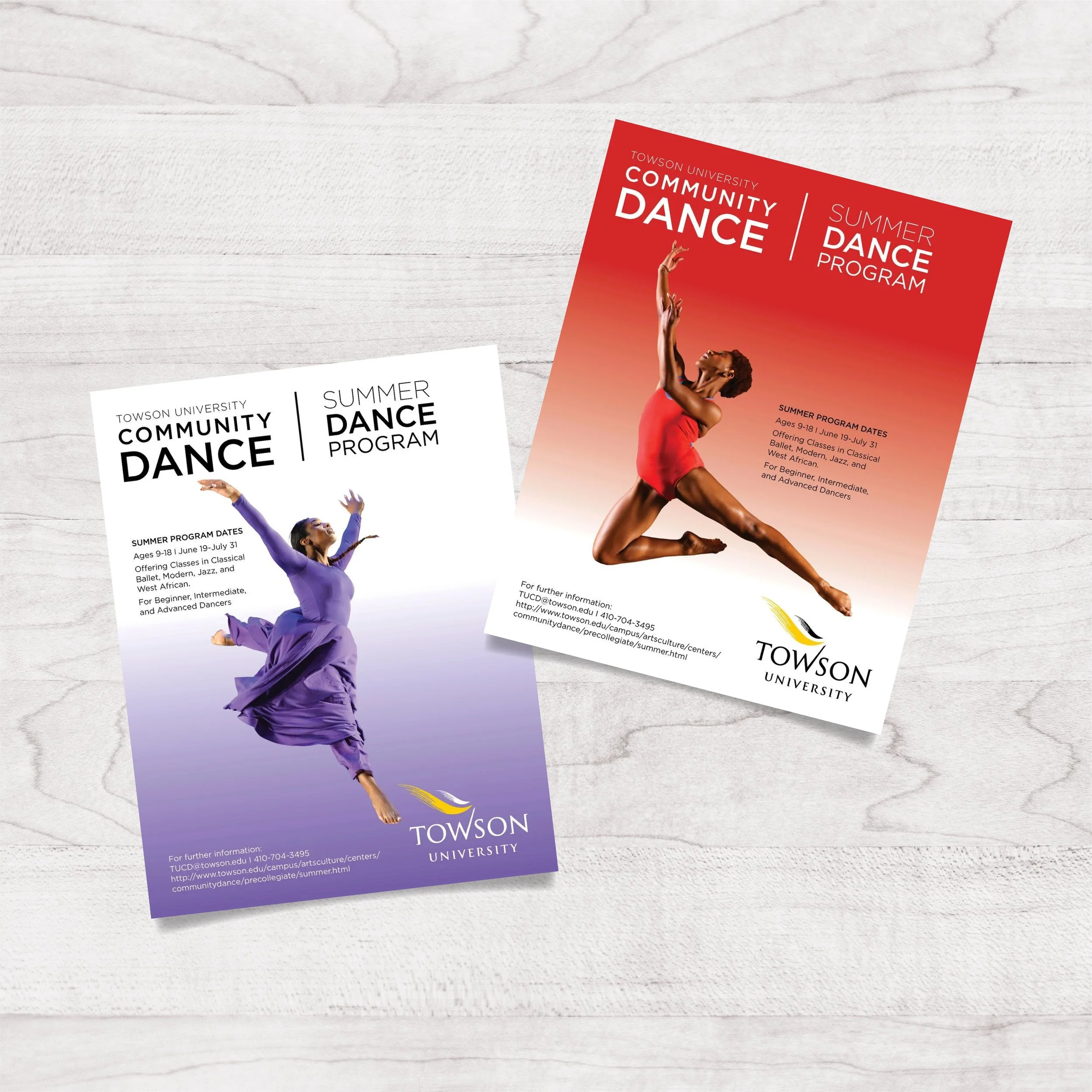 Two flyers for Towson University Community Dance Summer Program, one featuring a dancer in purple, the other in red, both in mid-dance poses.
