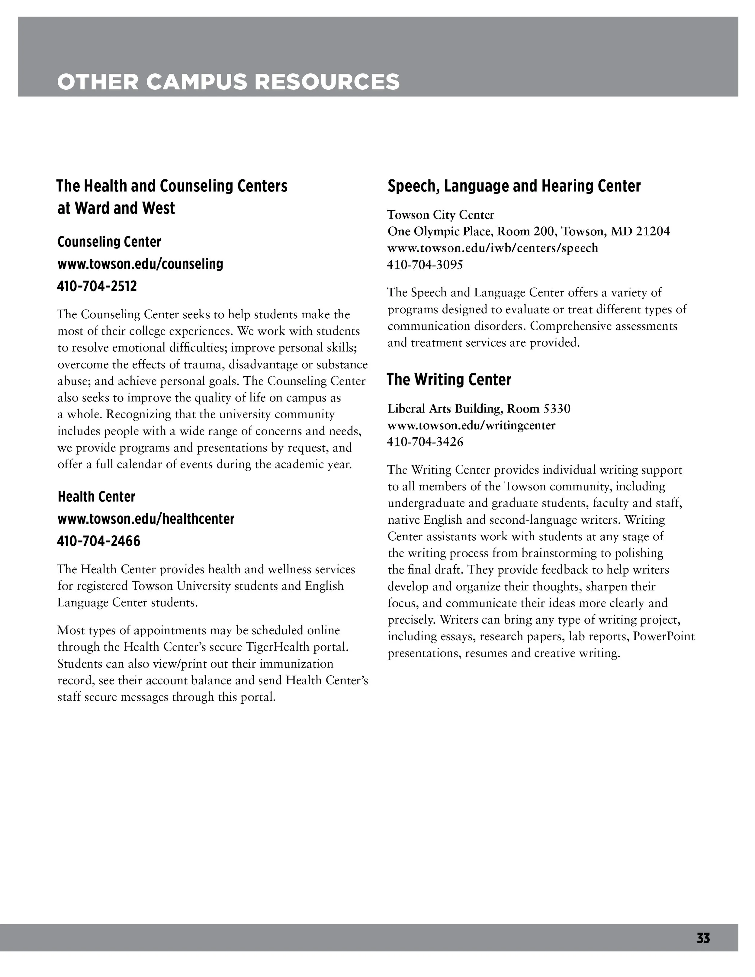 Page 33 of a brochure or booklet titled 'Other Campus Resources' lists various campus centers, including the Counseling Center, Health Center, Speech, Language and Hearing Center, and Writing Center, with contact information and descriptions of their