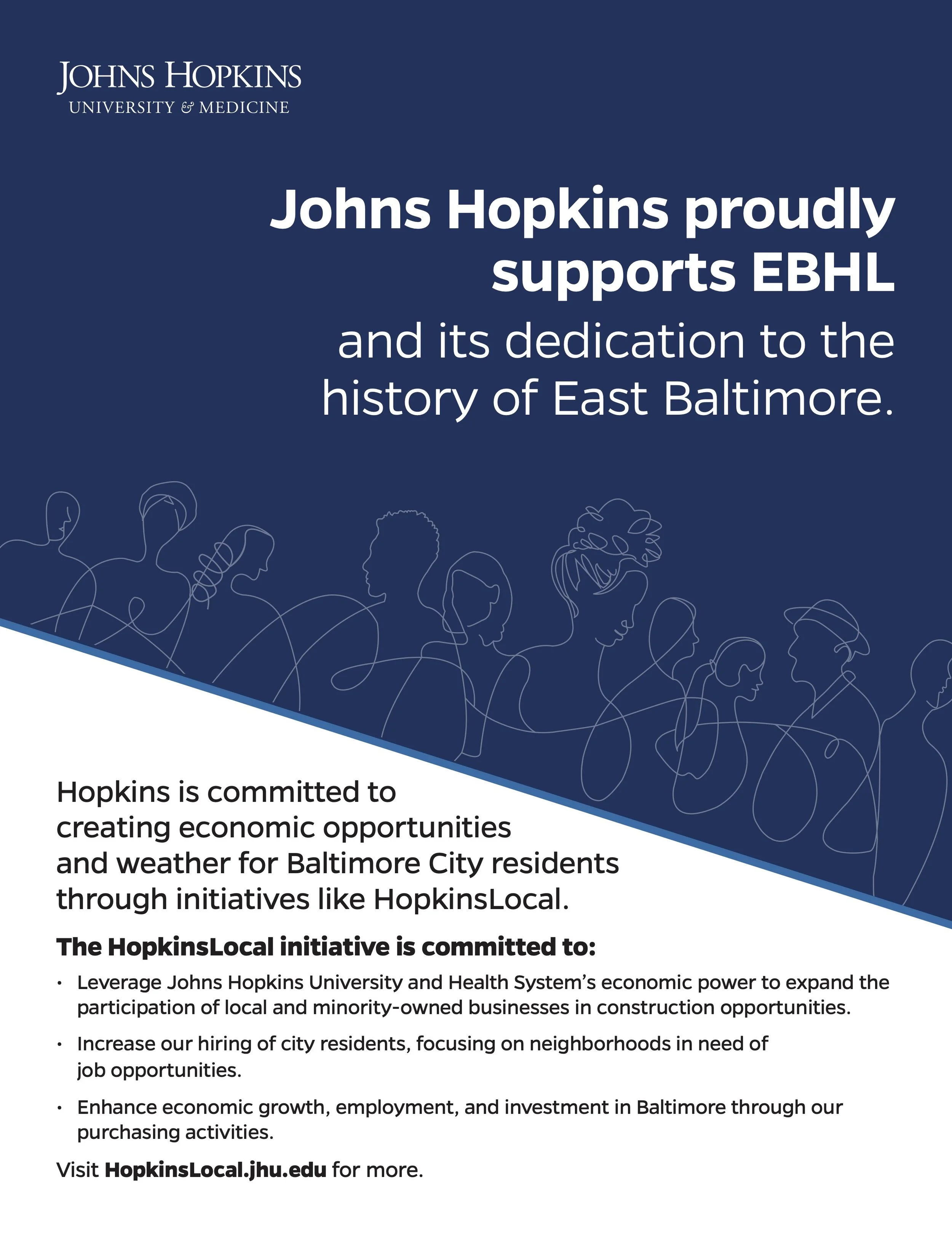 Flyer from Johns Hopkins University supporting EBHL and East Baltimore history, highlighting economic initiatives and community engagement.