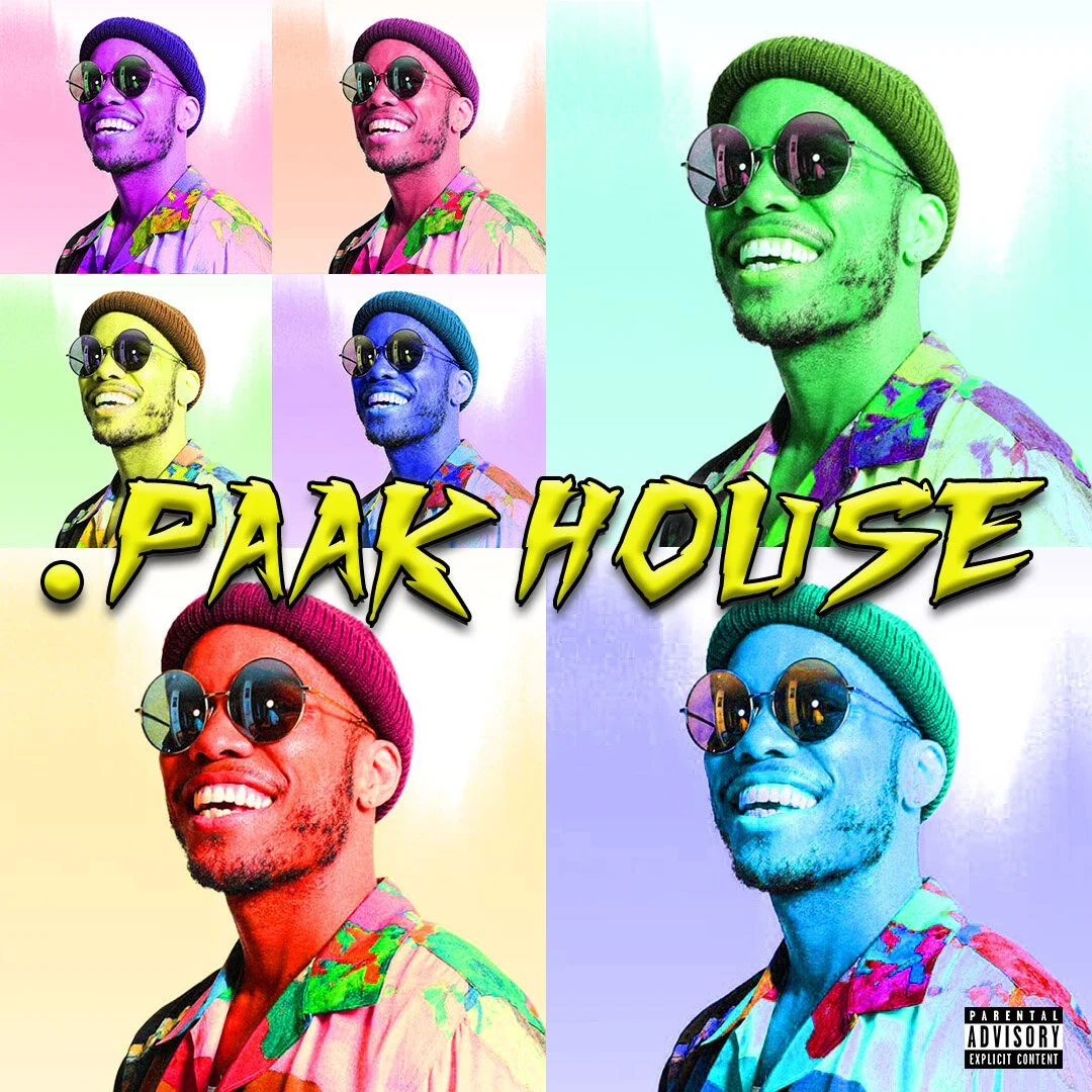 Colorful pop art style collage of a man wearing a beanie and sunglasses, smiling, with the word '.PAAK HOUSE' overlayed in bold yellow graffiti font, and a parental advisory label in the bottom right corner.