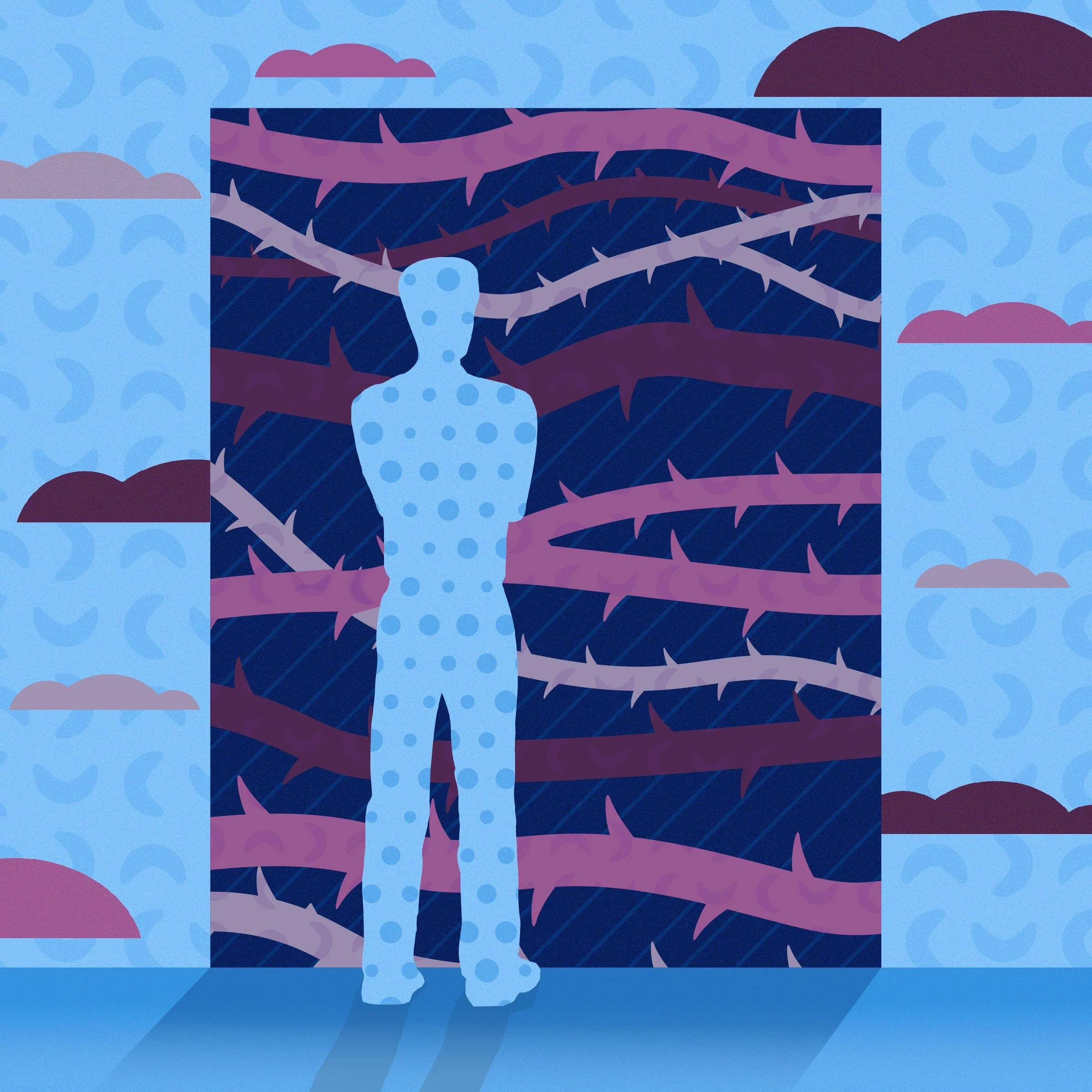 A silhouette of a person standing in front of a wall with tangled, thorny branches, with clouds and moon in the sky background.