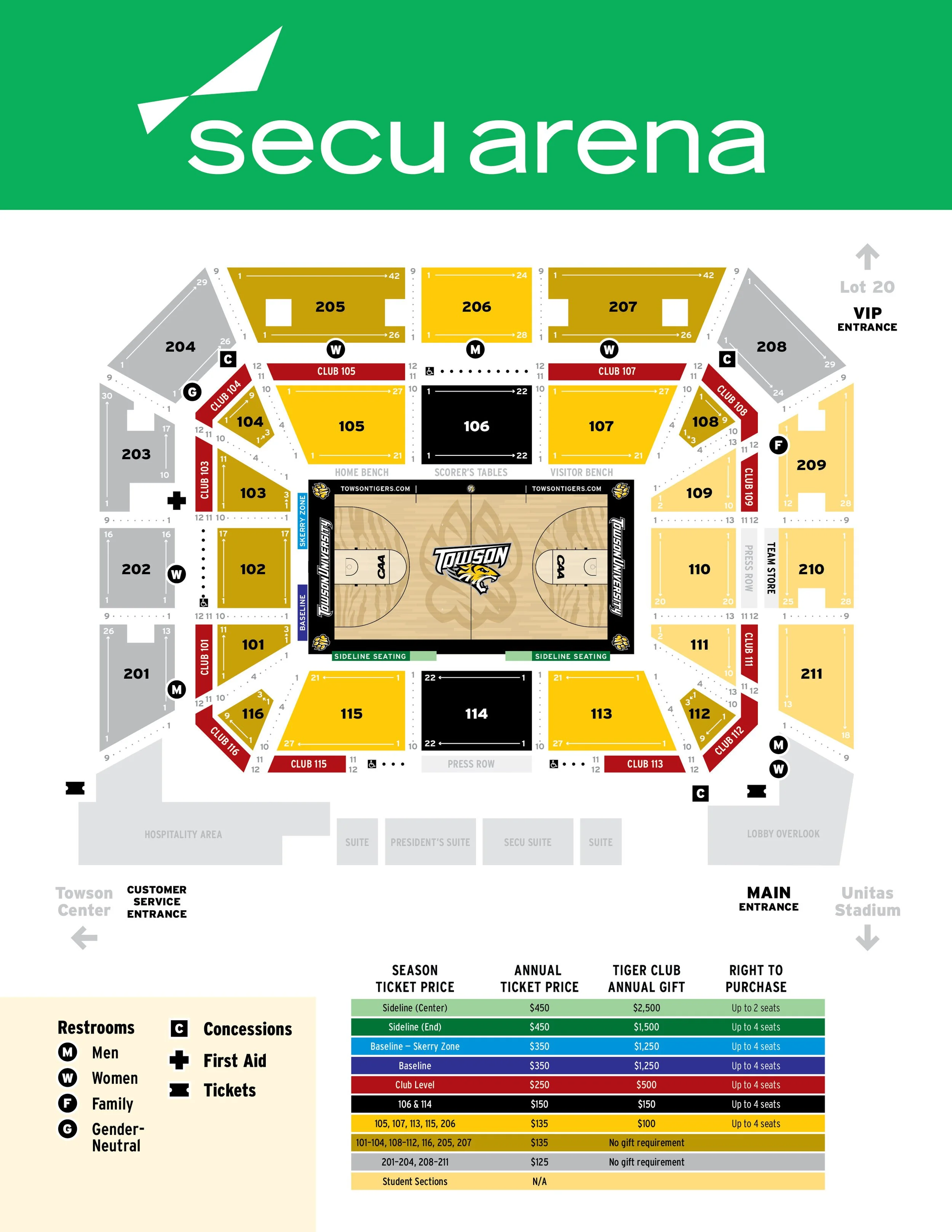Seating chart of the Secu Arena, home of the Towson Tigers basketball team. Includes sections, VIP, club, and general seating areas, along with legends for restrooms and concessions.