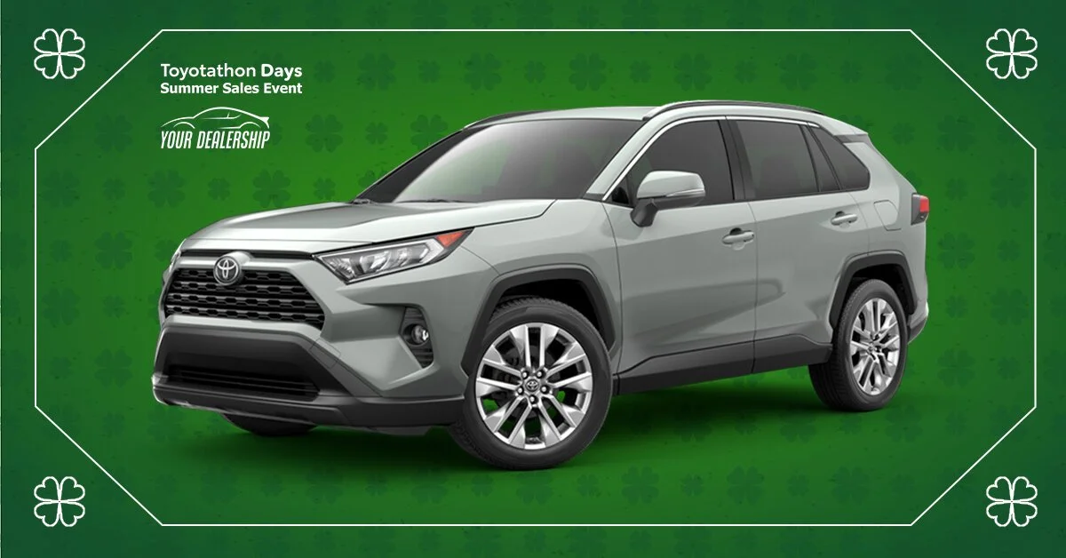 Gray Toyota SUV on green background with shamrock decorations, promotional text for Toyotathon Days Summer Sales Event, from Your Dealership.