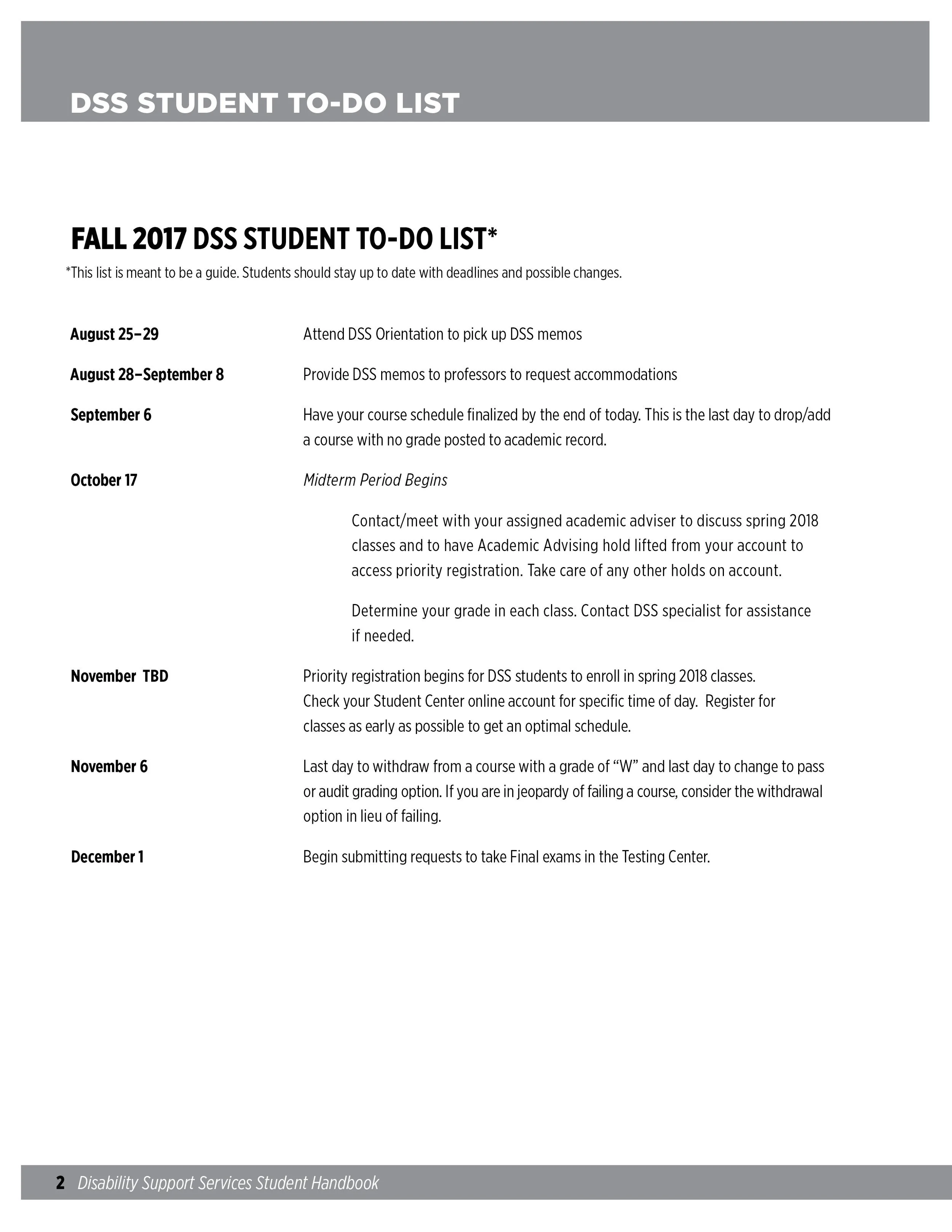 A printable student to-do list titled 'DSS Student To-Do List' with deadlines and instructions for fall 2017, including attending orientation, providing memos, finalizing courses, meeting with academic counselors, registration, withdrawal deadlines, 
