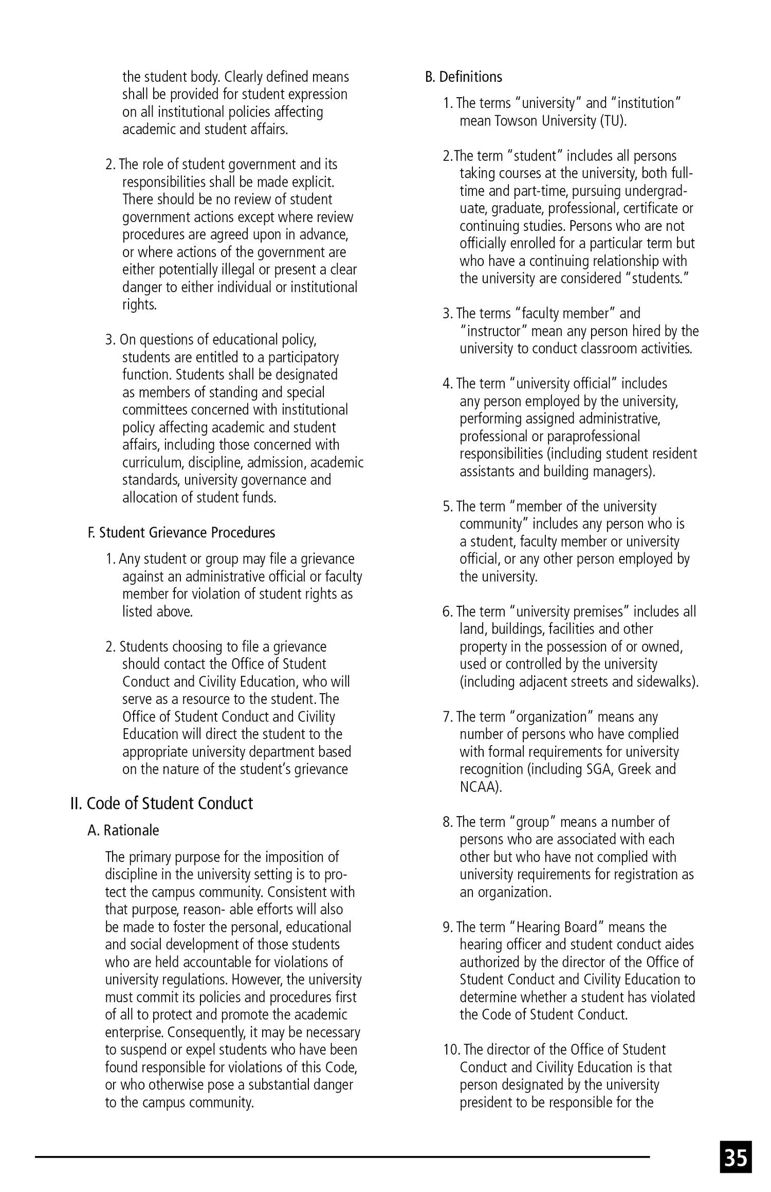 A page of a document displaying definitions and procedures related to student conduct policies at Towson University, including sections on student grievances, conduct codes, and organizational roles.