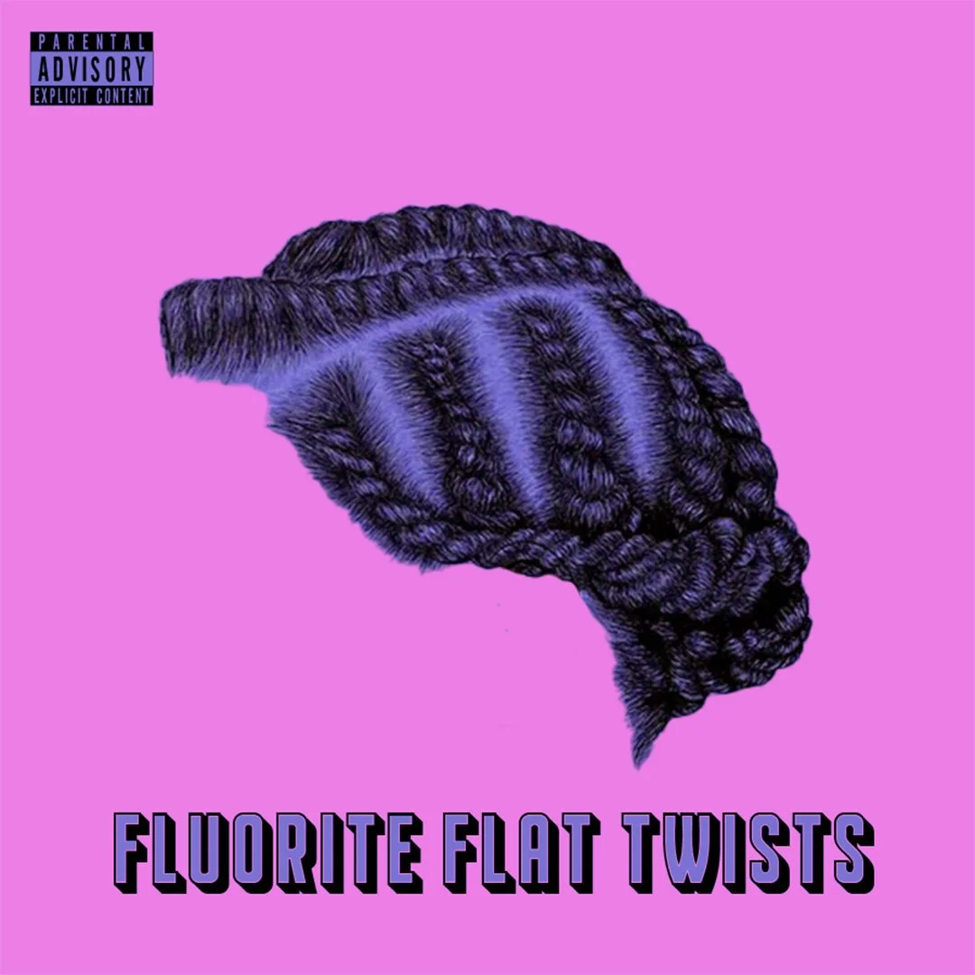 Illustration of a braided hairpiece in purple shades on a pink background with text 'Fluorite Flat Twists' and a parental advisory label.