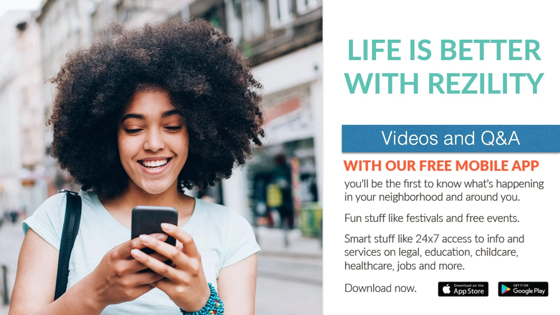 A smiling young woman with voluminous curly hair looking at her smartphone while walking in an urban area with buildings in the background. The adjacent advertisement promotes a mobile app for neighborhood updates, events, and services.