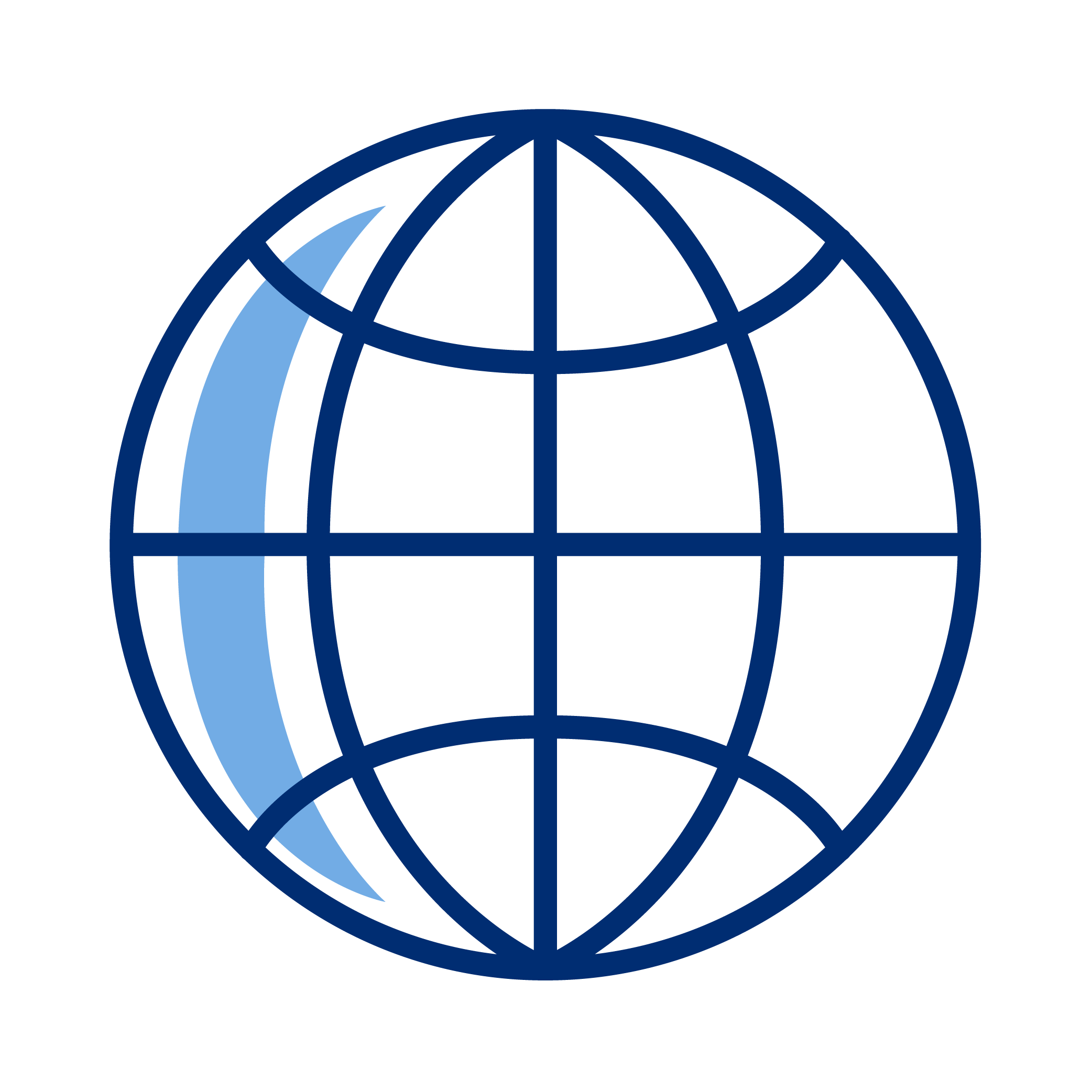 Blue outlined globe with a shaded crescent on the left side, on a black background.