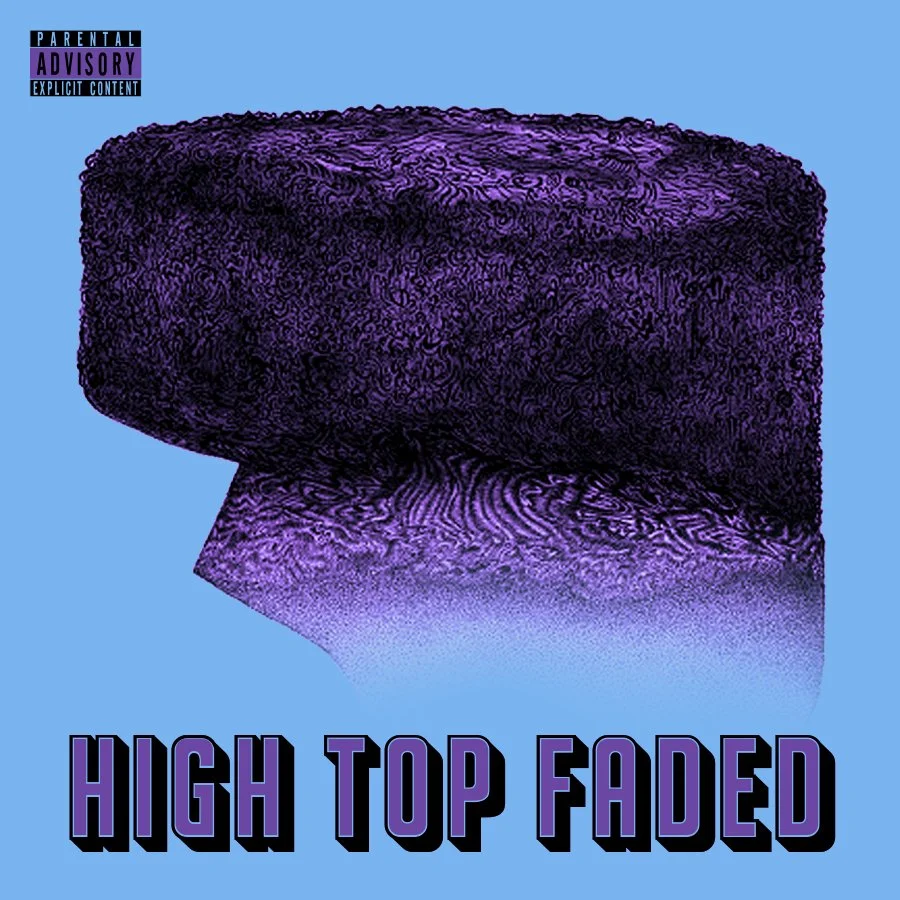 A purple textured cube with text "HIGH TOP FADED" captioned at the bottom and a parental advisory label at the top left corner, set against a light blue background.