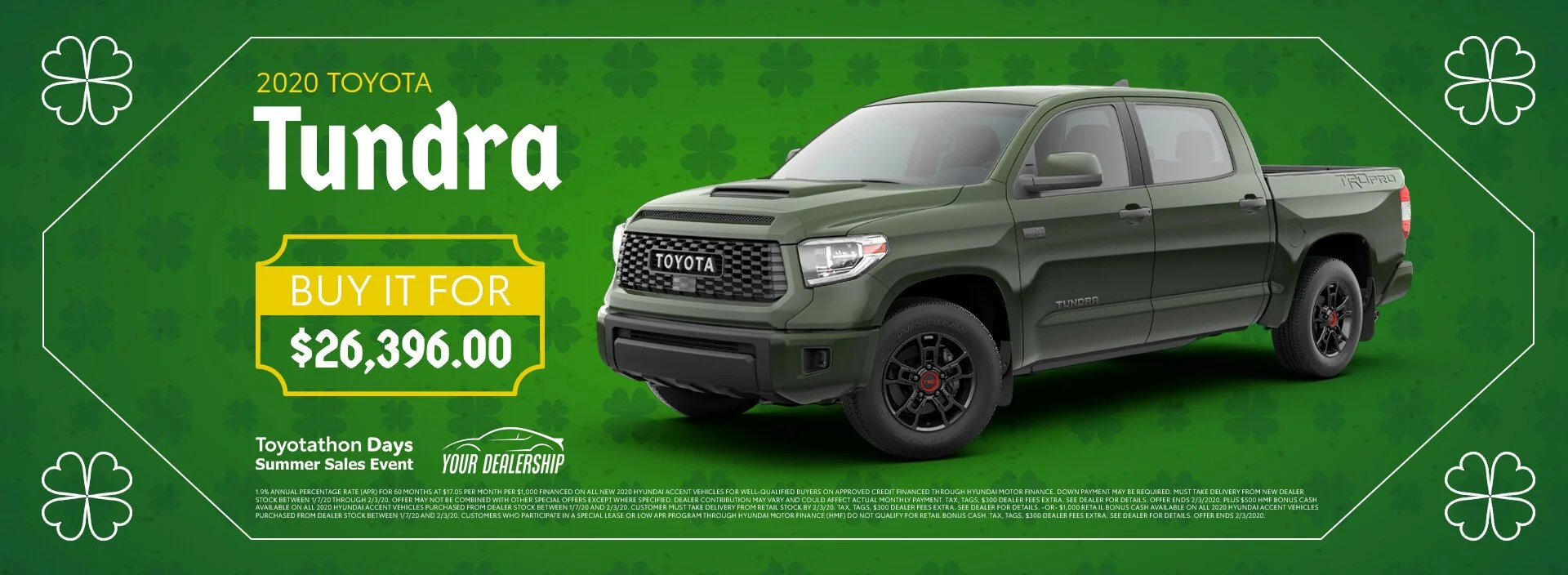 Green promotional banner for 2020 Toyota Tundra with shamrock decorations, showing a green Toyota Tundra truck, promotional price of $26,396, and event details.