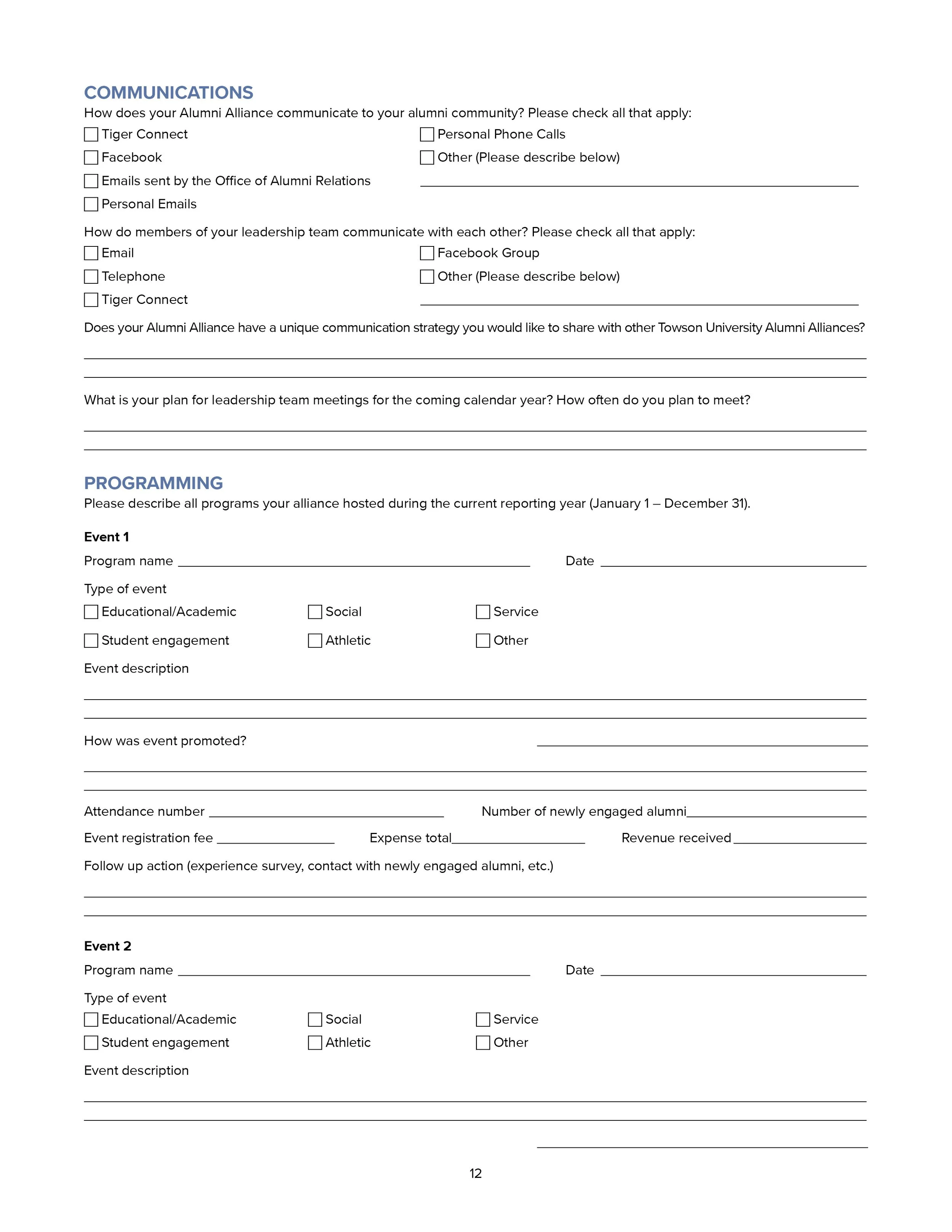 A printed survey form titled "Communications" and "Programming" sections, with checkboxes, text fields, and questions related to alumni communication strategies, leadership team meetings, and descriptions of hosted programs during the reporting year 