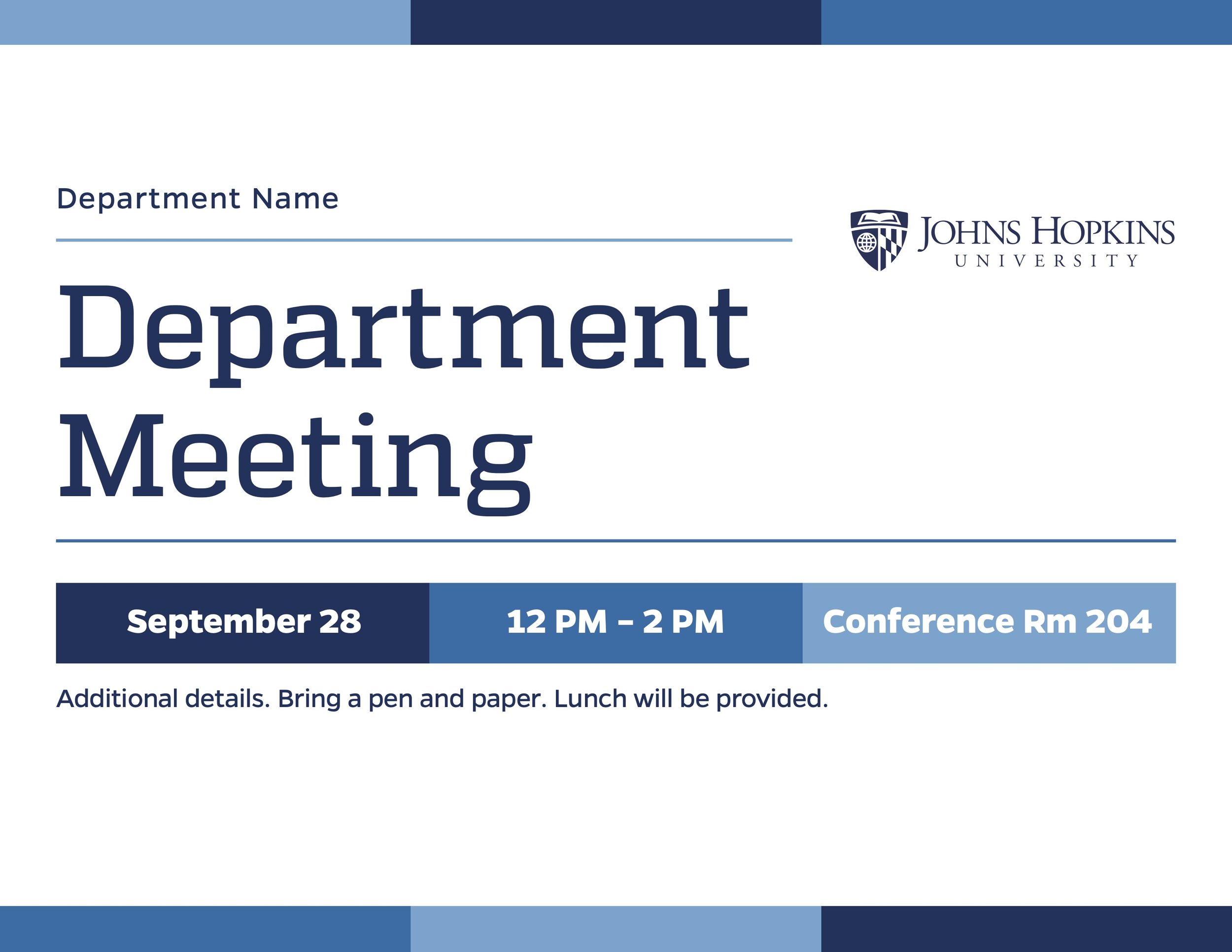 Flyer for Johns Hopkins University announces a department meeting on September 28th from 12 PM to 2 PM in Conference Room 204, with details about bring a pen and paper and lunch provided.
