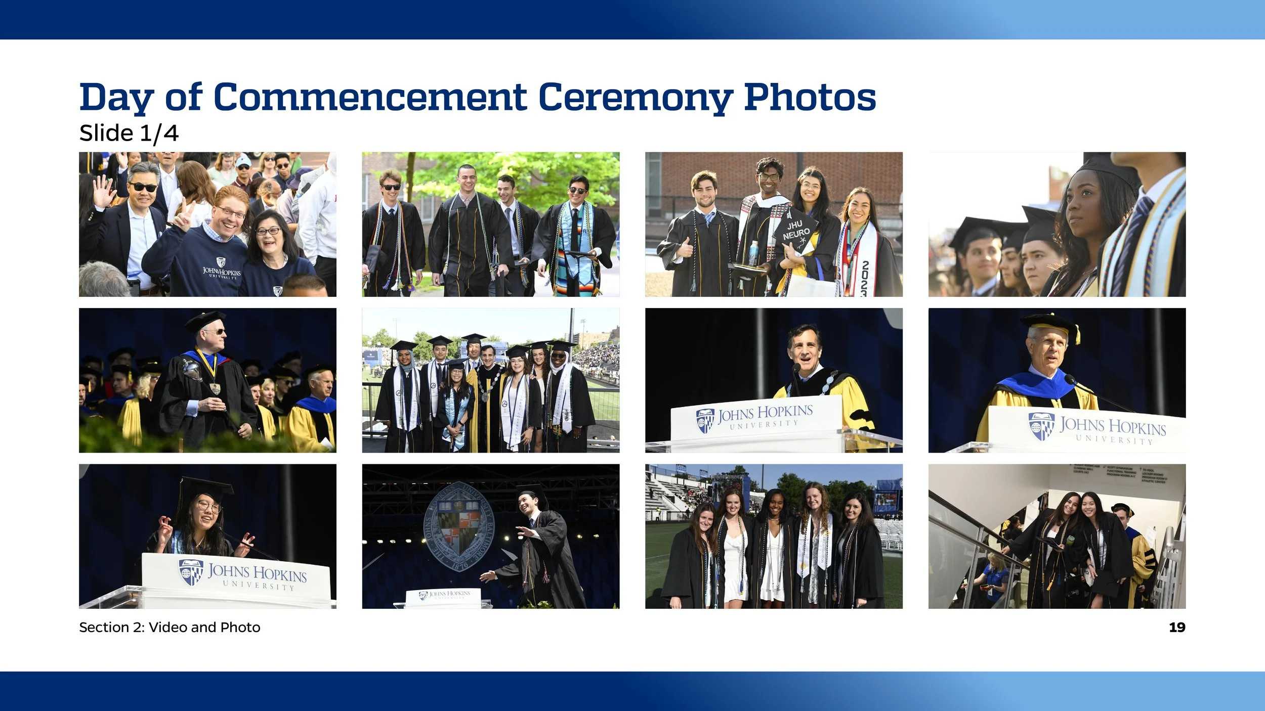 Collage of photos from a graduation ceremony at Johns Hopkins University, showing students in caps and gowns, graduates speaking at the podium, and graduates celebrating on stage.