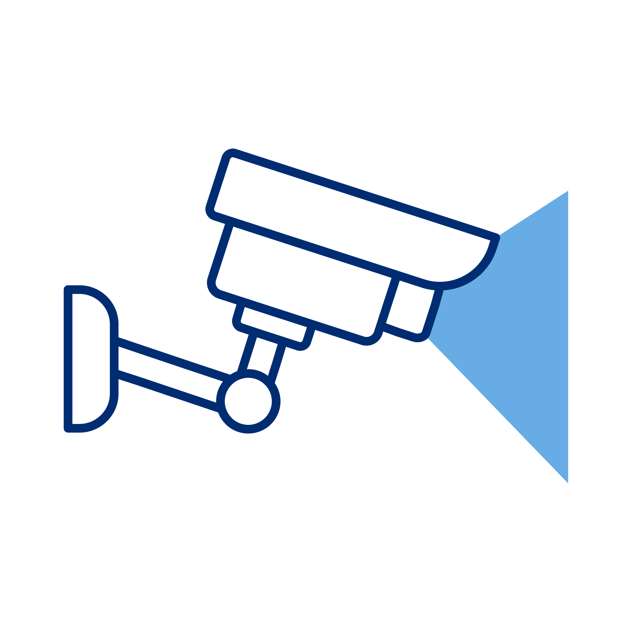 Line drawing of a security camera mounted on a wall, projecting a light blue cone of surveillance.