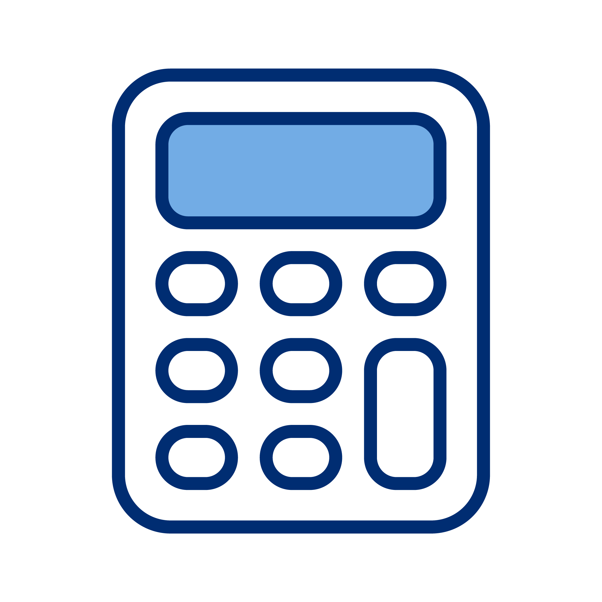 Simple digital calculator icon with a blue display and buttons on a black background.