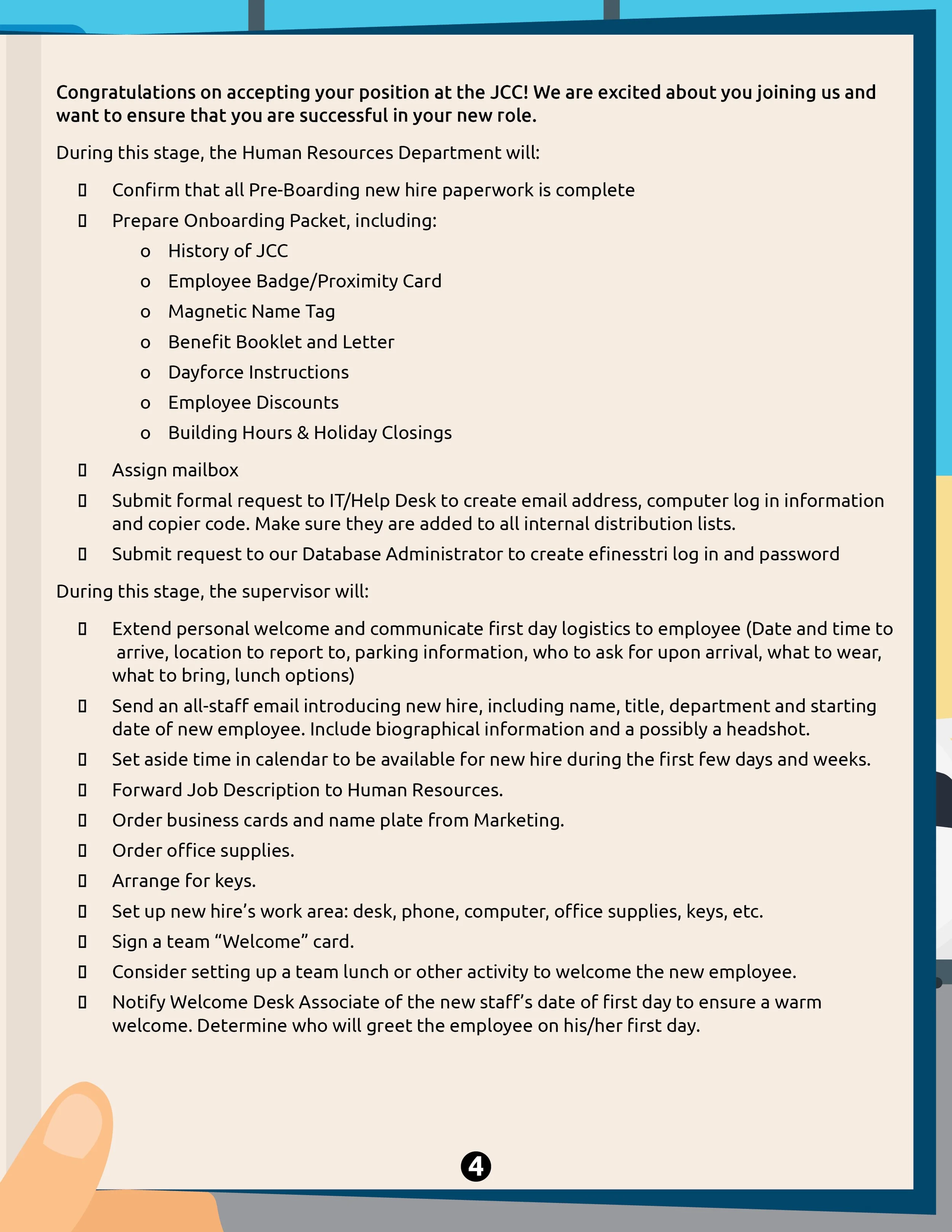 A printed onboarding checklist for new employees at the JCC, including steps for HR and supervisor actions, such as completing paperwork, setting up workspace, and welcoming the new hire.