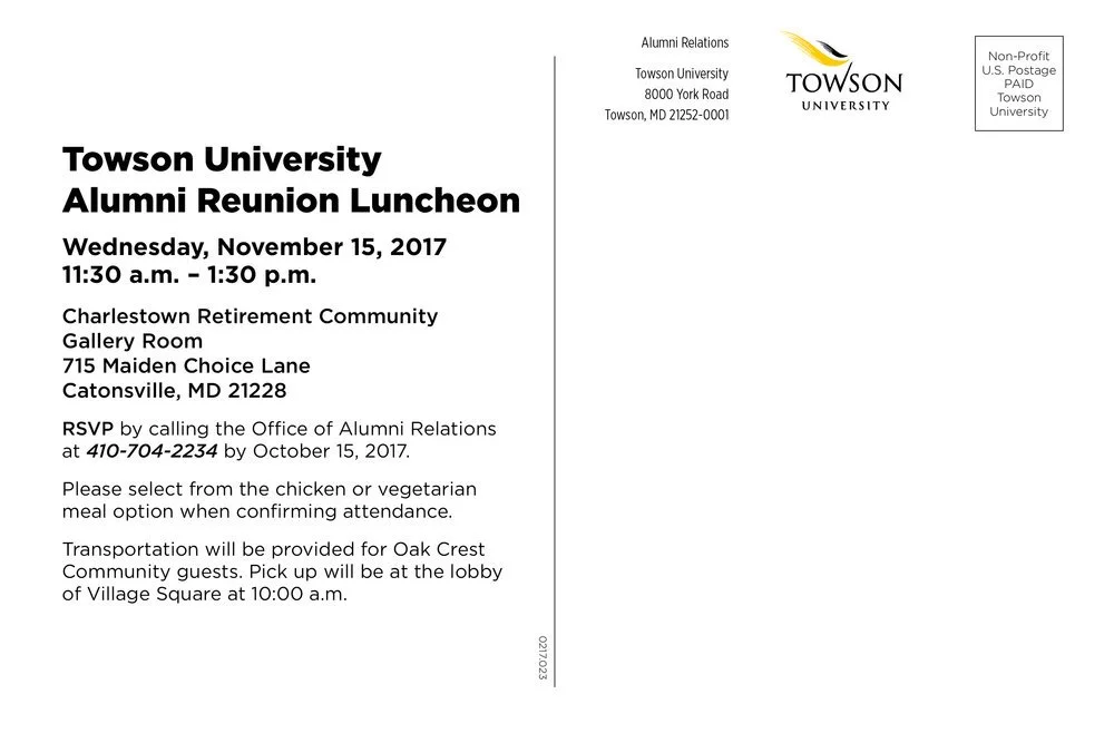 Invitation for Towson University Alumni Reunion Luncheon on November 15, 2017, at Charlestown Retirement Community, details about RSVP, meal options, and transportation information.