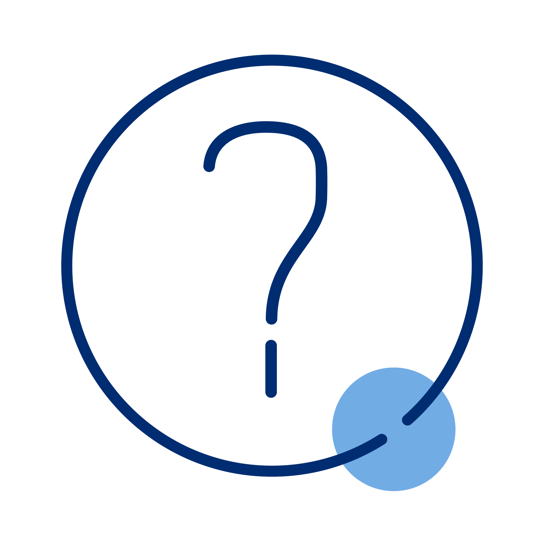 A large black circle with a blue outline, a blue question mark inside, and a small blue circle attached to the bottom right of the question mark.