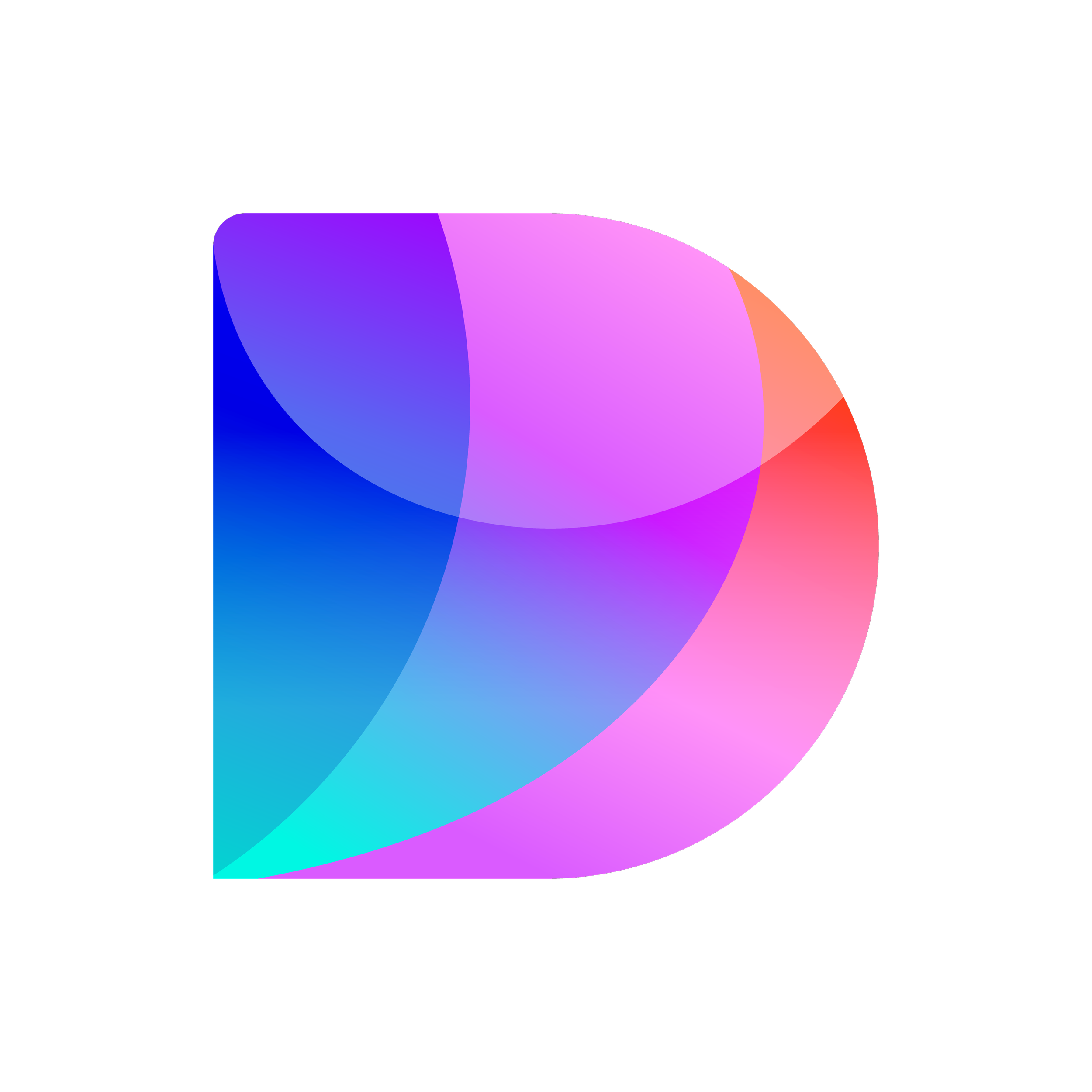 Colorful abstract artwork with overlapping gradient shapes in purple, blue, pink, and red on a black background.