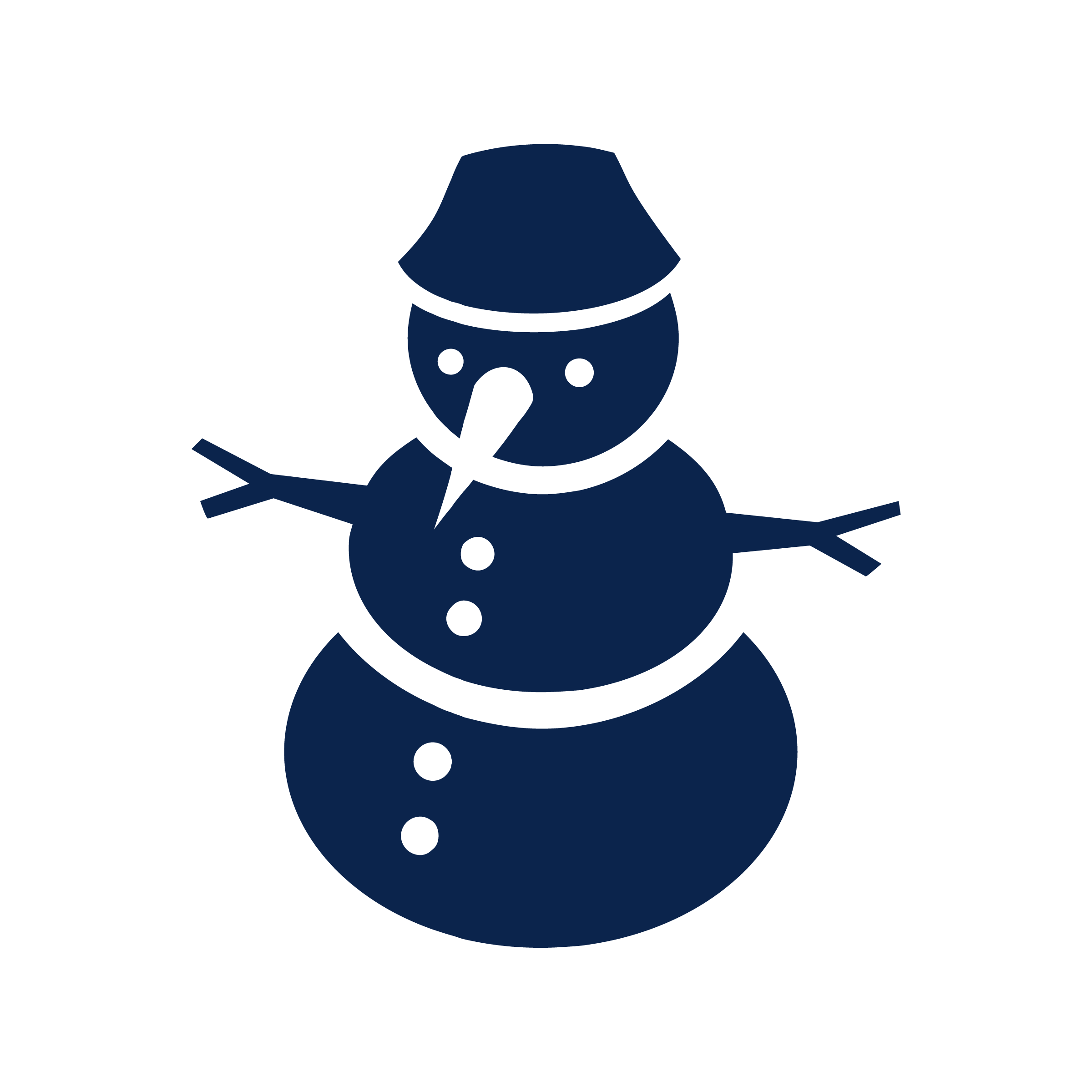 A simple illustration of a snowman made of three stacked dark blue circles with twig arms, a hat, and buttons, set against a black background.