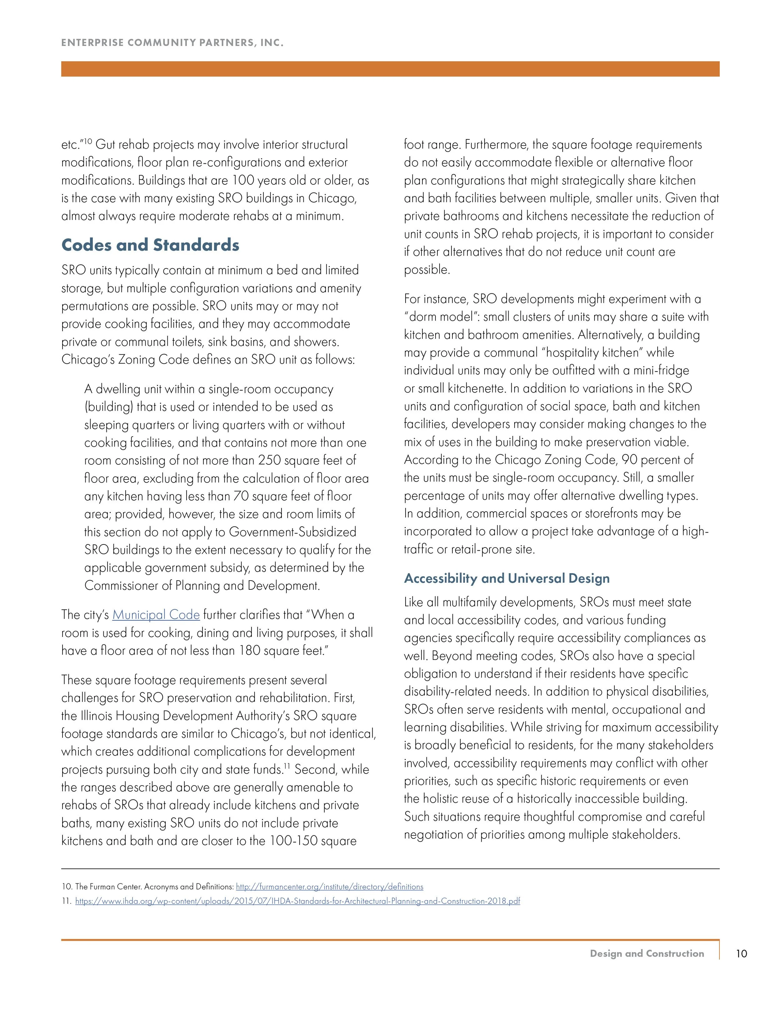 Page from a report titled 'Enterprise Community Partners, Inc.' discussing codes, standards, and accessibility in SRO units, with sections on interior modifications, room sizes, and universal design.