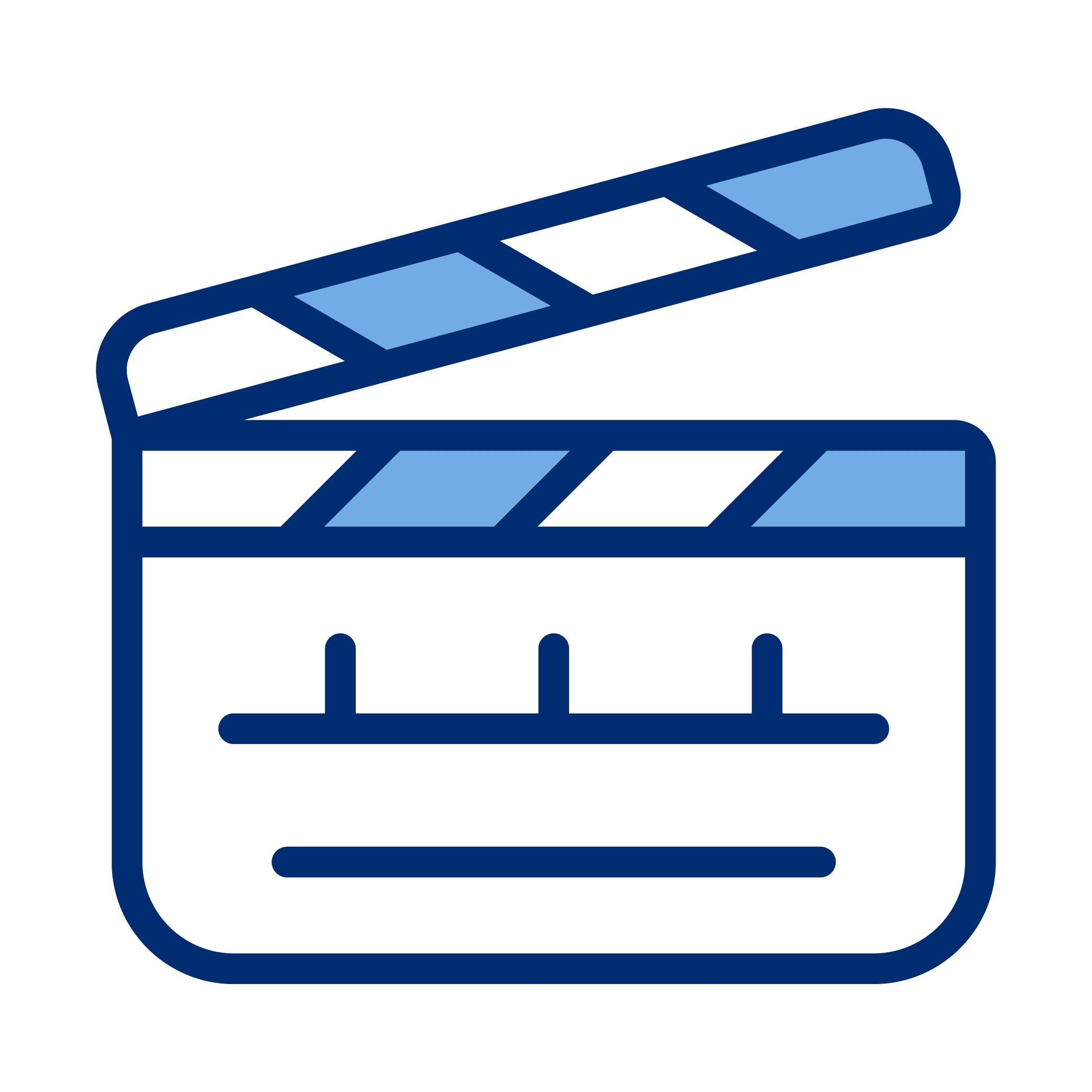 Outline of a director's clapboard with blue accents.