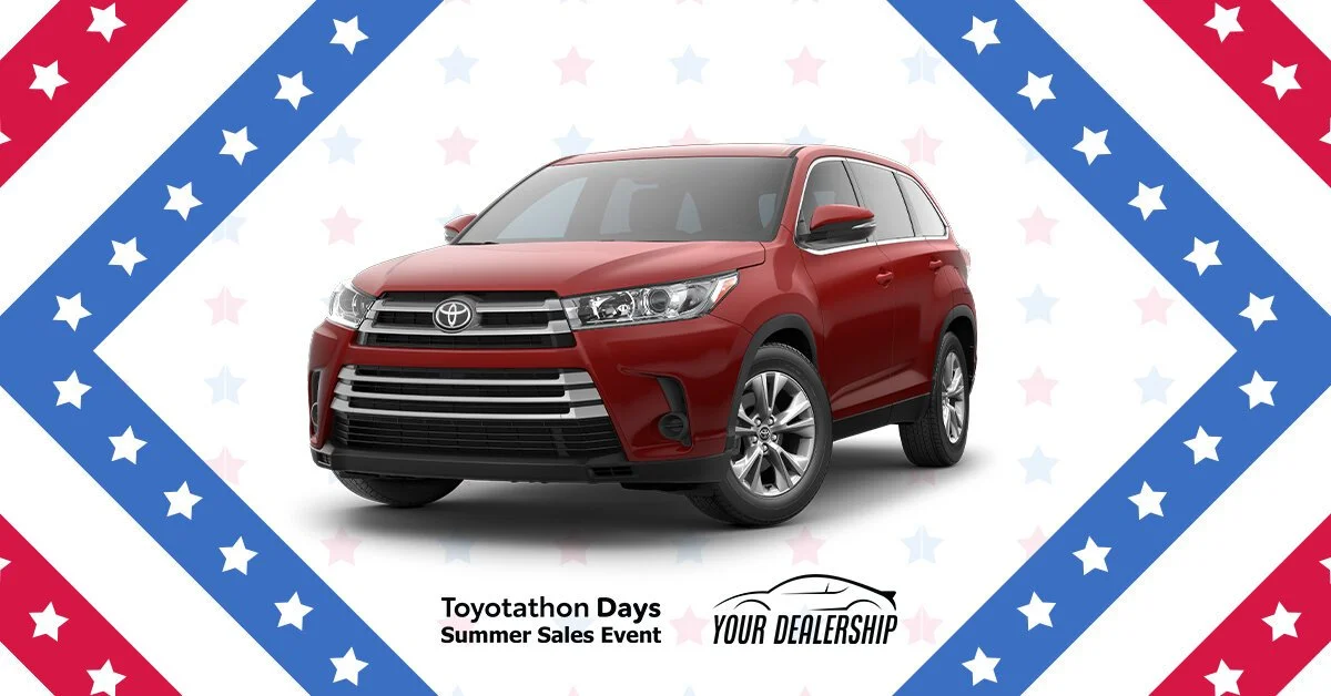 Red Toyota SUV displayed on a patriotic-themed banner for Toyotathon Days Summer Sales Event at a dealership.
