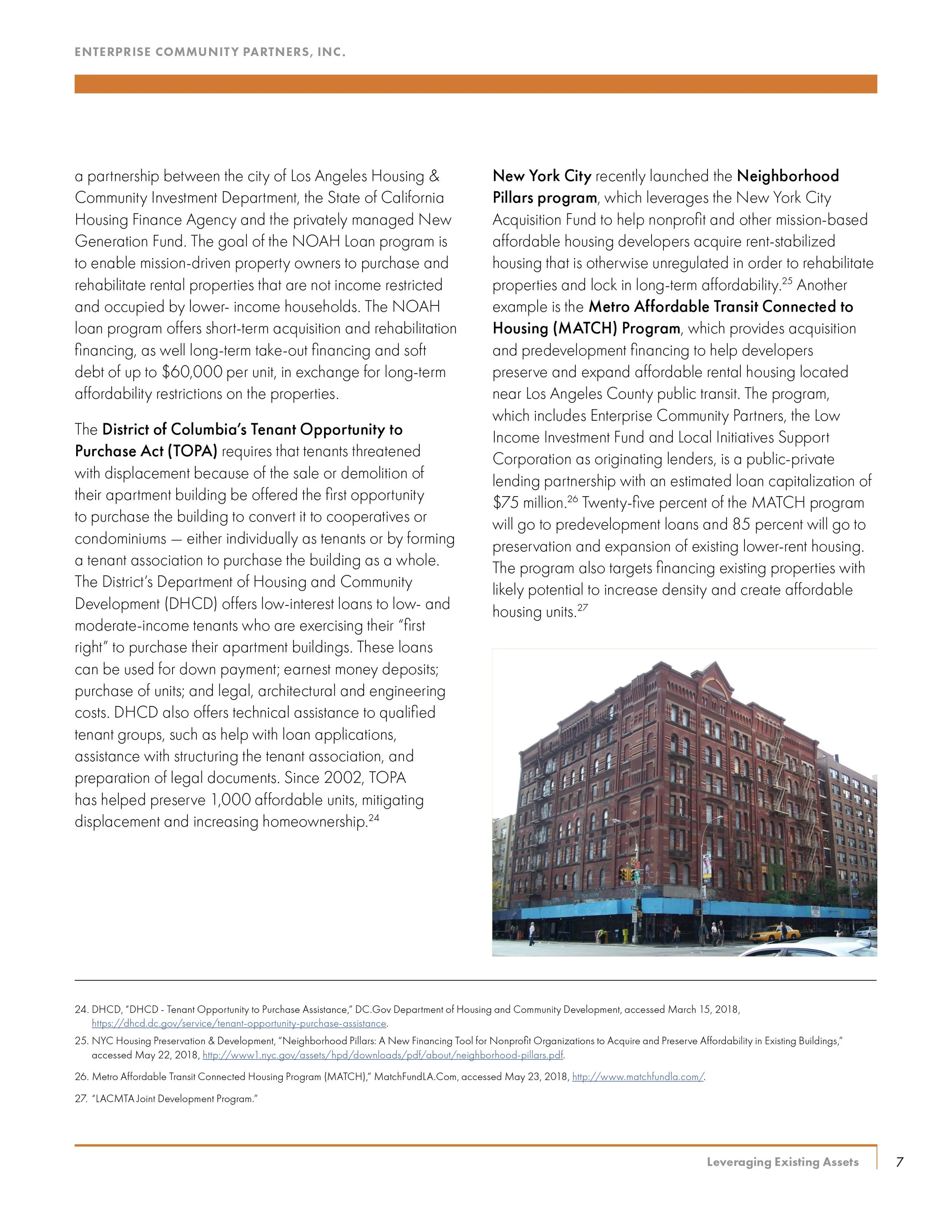 Page from a report discussing affordable housing programs in Los Angeles and New York City, with a photo of a historic red brick building at street level.