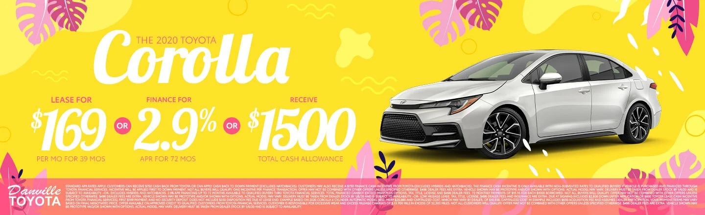 A promotional advertisement for the 2020 Toyota Corolla with a white car on a yellow background decorated with pink and purple leaves, highlighting leasing for $169 per month for 39 months, financing at 2.9% APR for 72 months, and a total cash allowa