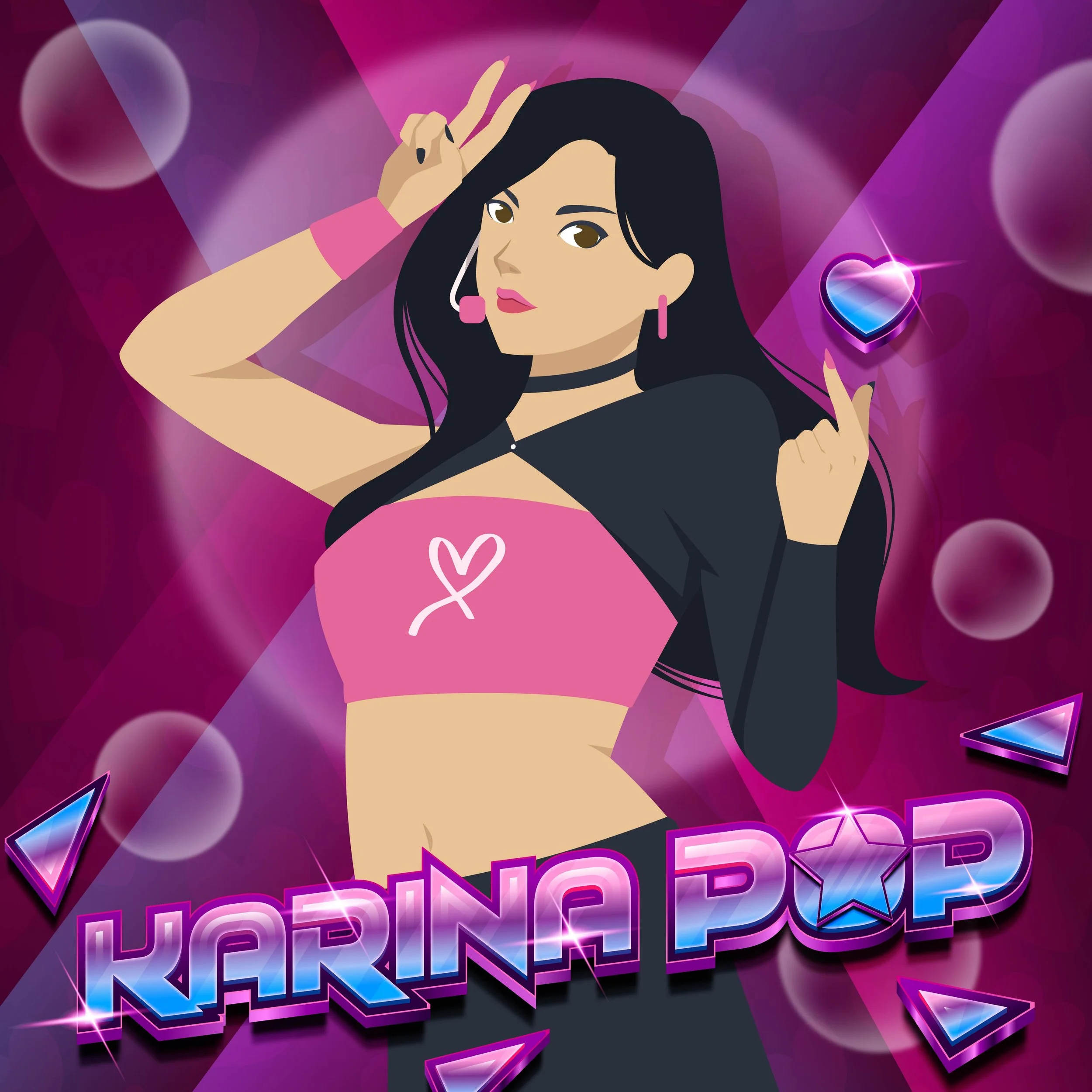 An animated woman with long black hair wearing pink, black, and purple clothing, holding a glowing heart-shaped token, with the text "KARINA POP" below her.