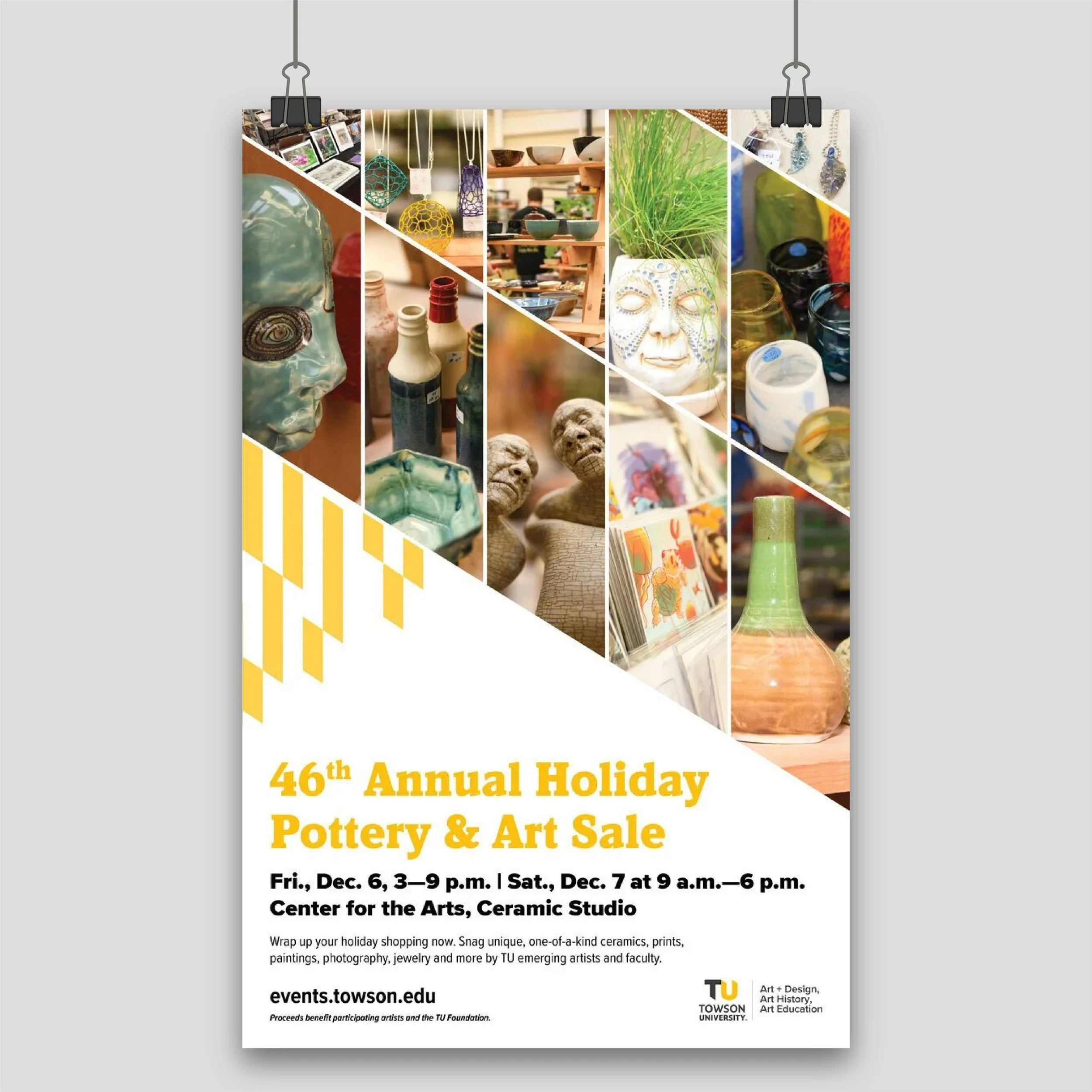 Poster for the 46th Annual Holiday Pottery & Art Sale featuring images of pottery, artwork, and crafts. Event details include dates December 6-7 at the Center for the Arts, Ceramic Studio, Towson University.