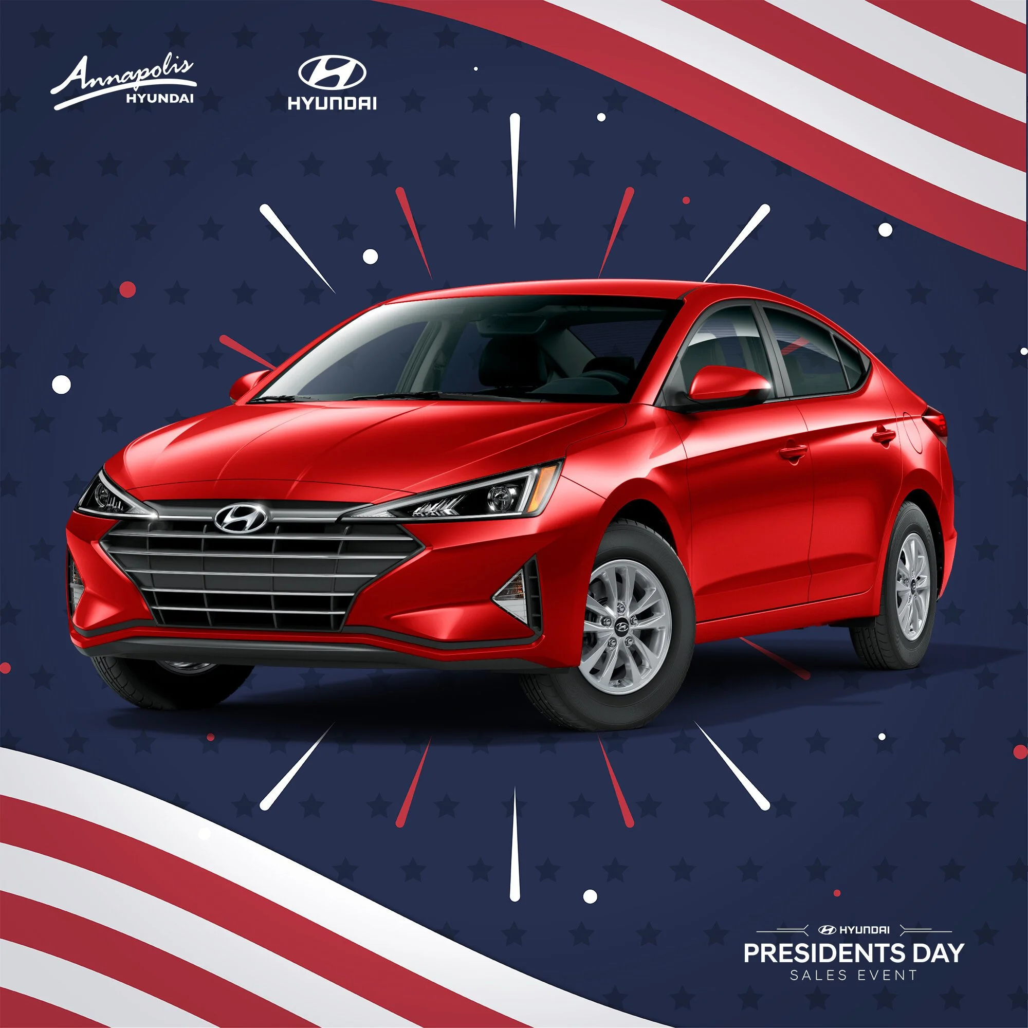 A red Hyundai sedan on a patriotic themed background with stars and stripes, promoting Hyundai Presidents Day Sales Event.
