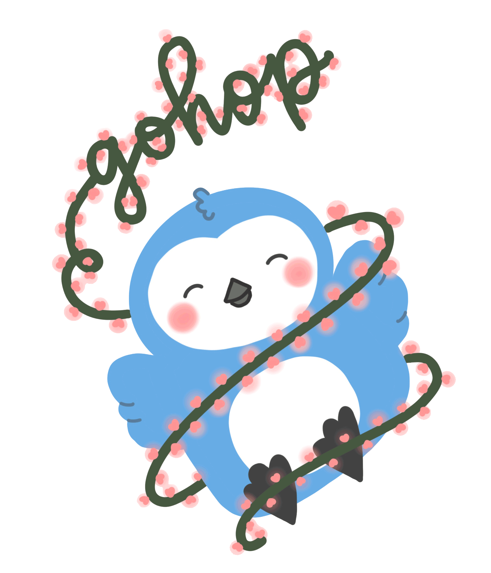 Cute cartoon blue penguin surrounded by pink blossoms with the word 'Happy' written above in cursive.
