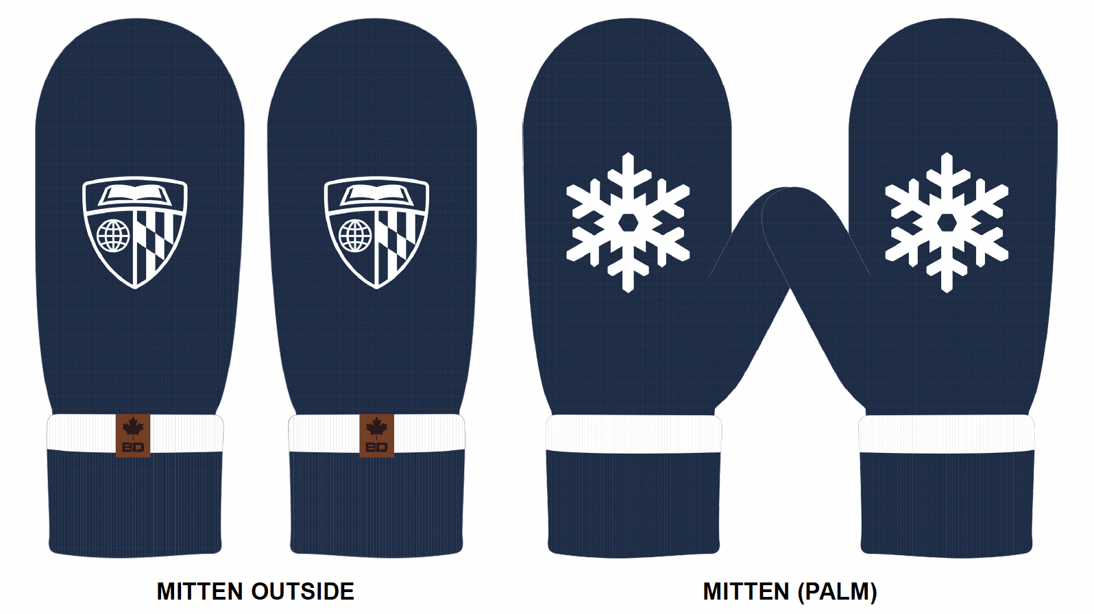 A pair of navy blue winter mittens with white cuffs. The left mittens are shown from the outside, featuring a shield logo with a book, globe, and stripe pattern. The right mittens are shown from the palm side, decorated with two white snowflakes. The