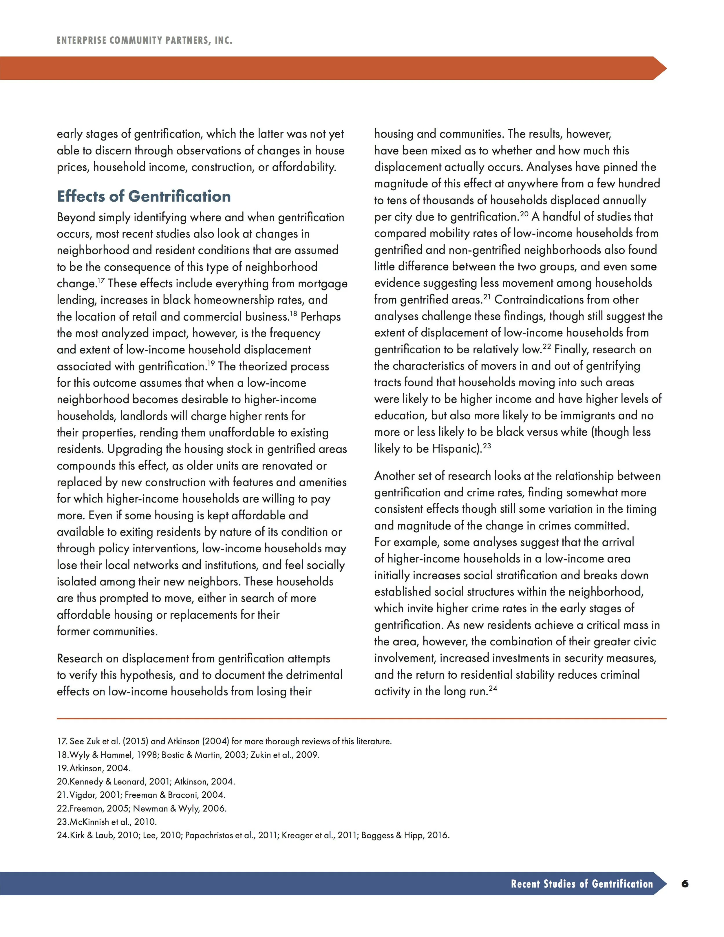 Page from a report titled 'Recent Studies of Gentrification' with text discussing effects of gentrification on neighborhoods and low-income households, and numbered references at the bottom.