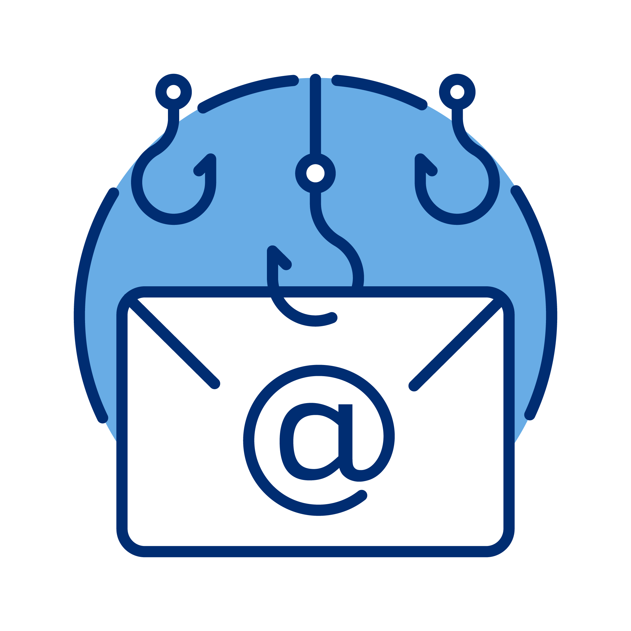 A blue clock with a circular face showing ten minutes past eleven, and an email icon with a black folder and a large 'at' symbol, symbolizing time management and communication.