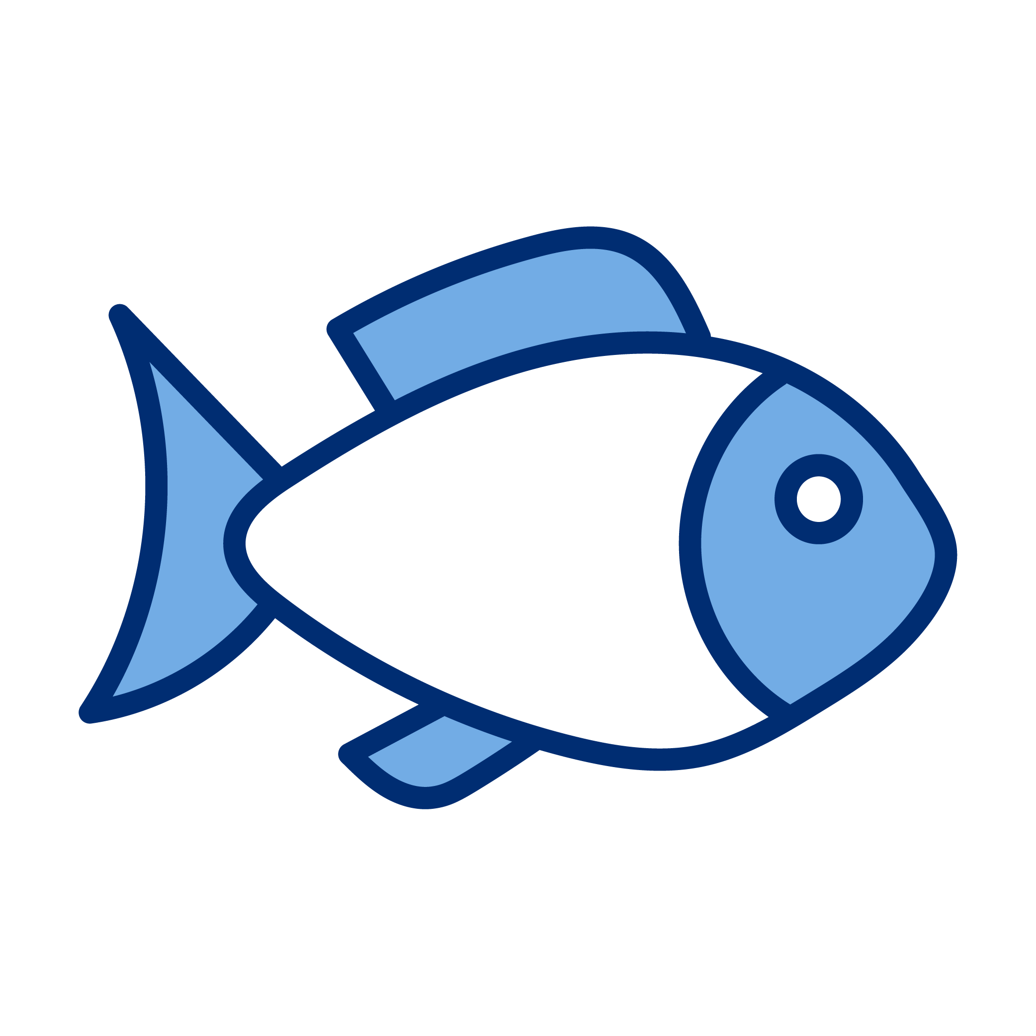 Simple illustration of a fish in shades of blue with dark outlines.