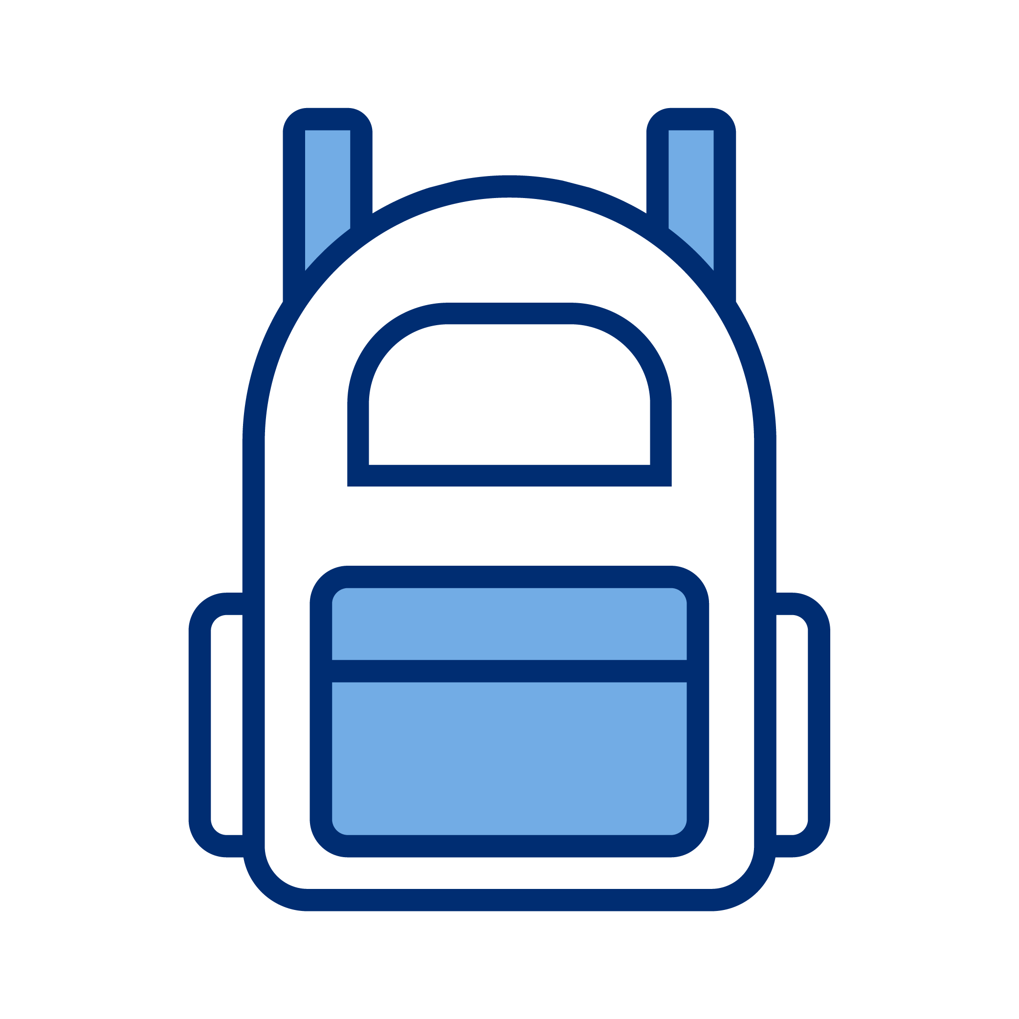Outline icon of a backpack with a large main compartment, a smaller front pocket, and shoulder straps, in blue color.