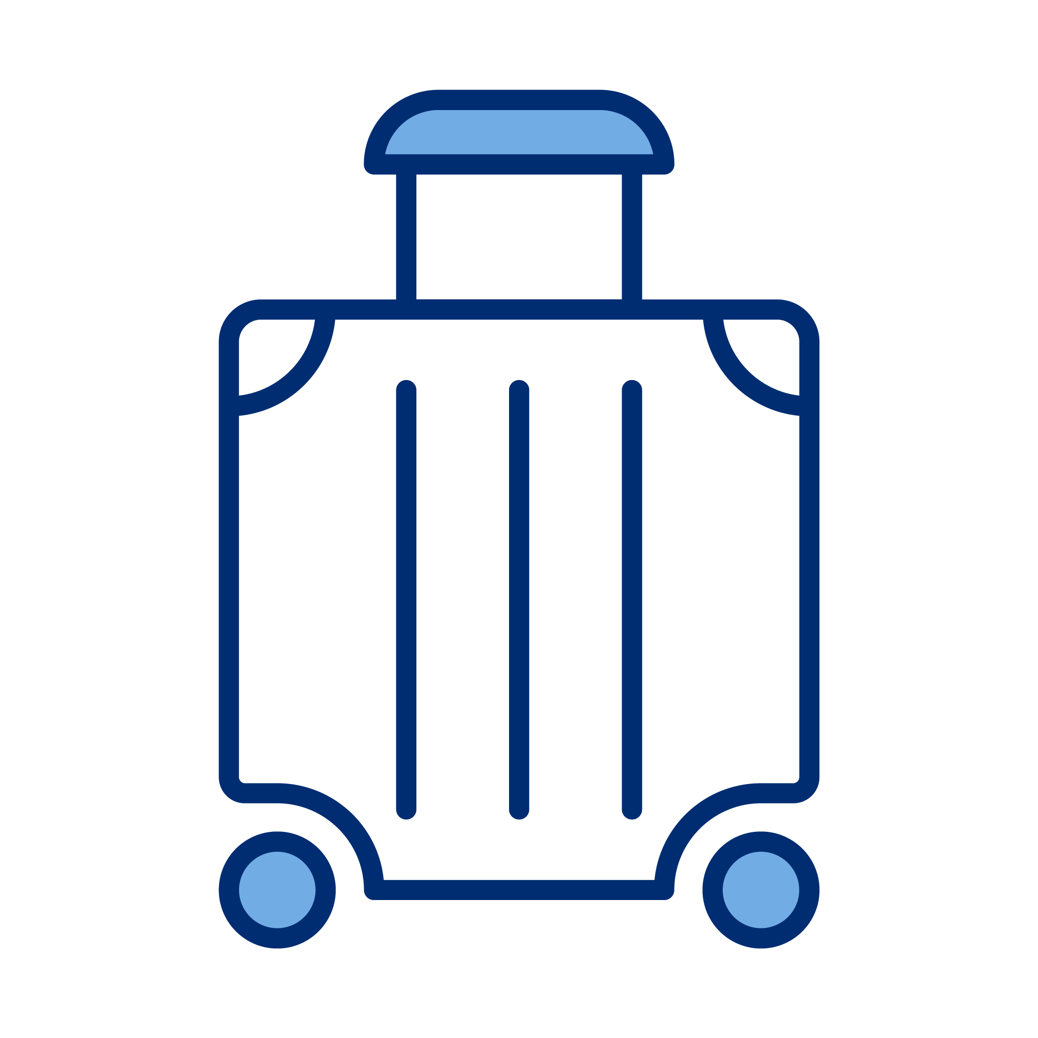 Blue outline icon of a rolling suitcase with a handle and wheels.