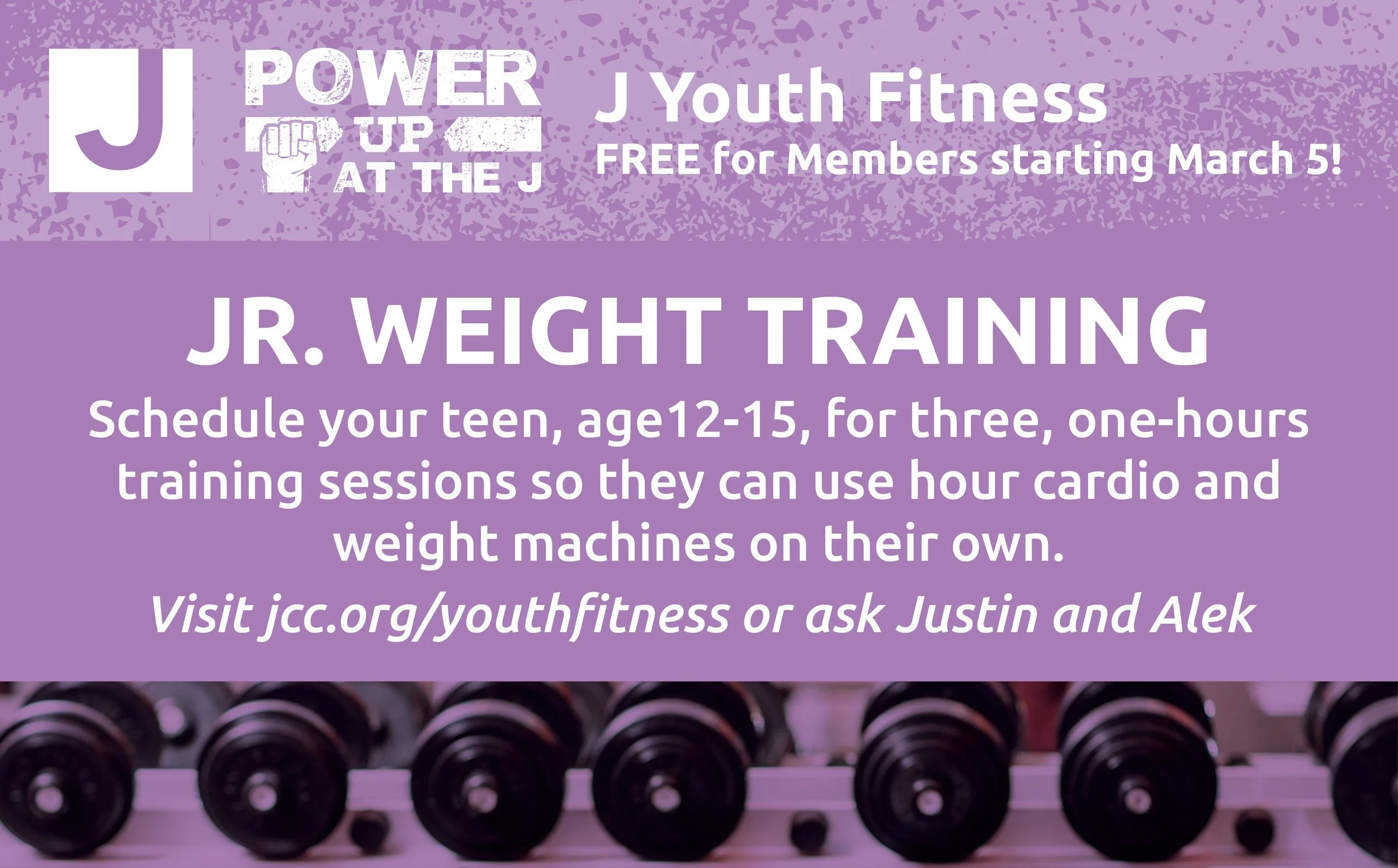 A purple flyer advertising Jr. Weight Training for teens aged 12-15, with a background of dumbbells, and information about scheduling training sessions, with a website link and contact instructions.