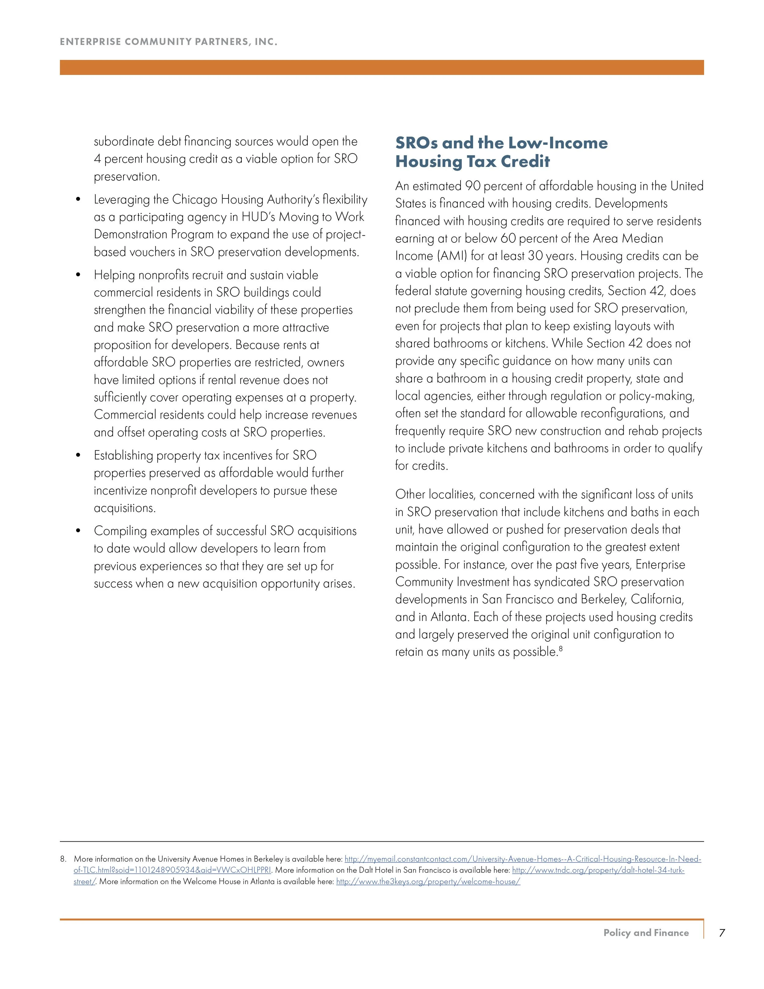 Page from a report titled 'Enterprise Community Partners, Inc.' discussing Low-Income Housing Tax Credit and SRO preservation, including bullet points on financing options, nonprofit incentives, and successful acquisitions.