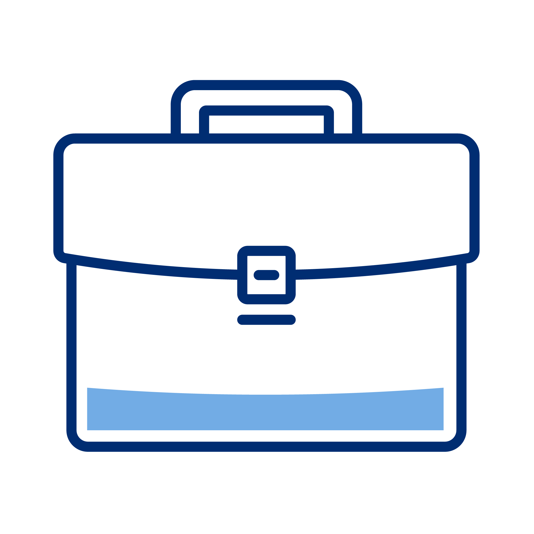 Outline illustration of a dark blue briefcase with a handle and a buckle clasp, featuring a light blue horizontal bar at the bottom.