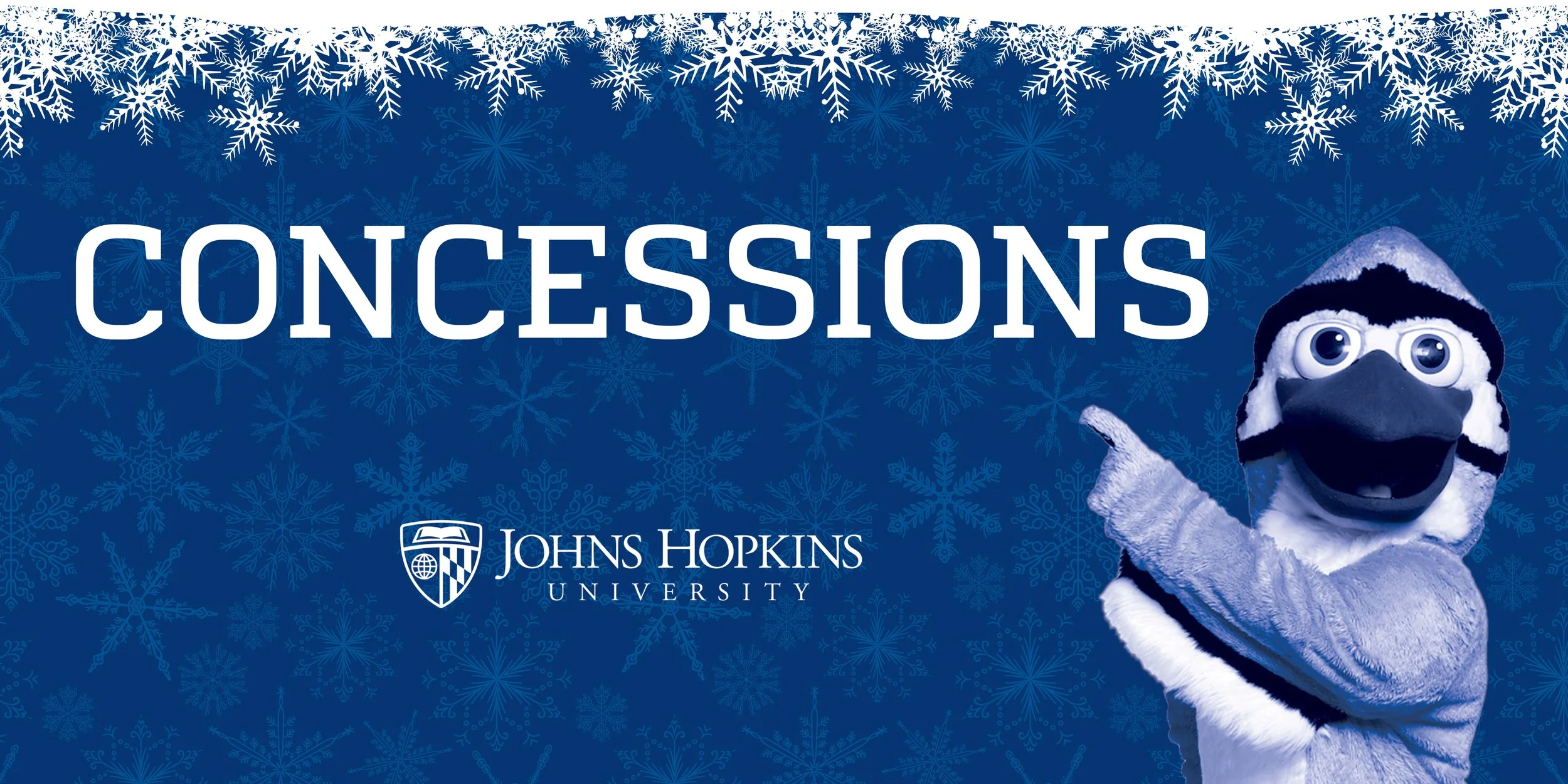 A promotional graphic for Johns Hopkins University titled 'Concessions' featuring the university's logo and a bird mascot pointing to the right, set against a blue background with white snowflakes.
