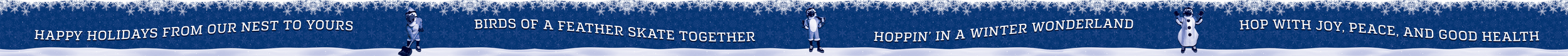 White text on a blue winter-themed background with snow and snowmen: "Happy Holidays from Our Nest to Yours," "Birds of a Feather Skate Together," "Hoppin' in a Winter Wonderland," and "HOP WITH JOY, PEACE, AND GOOD HEALTH."
