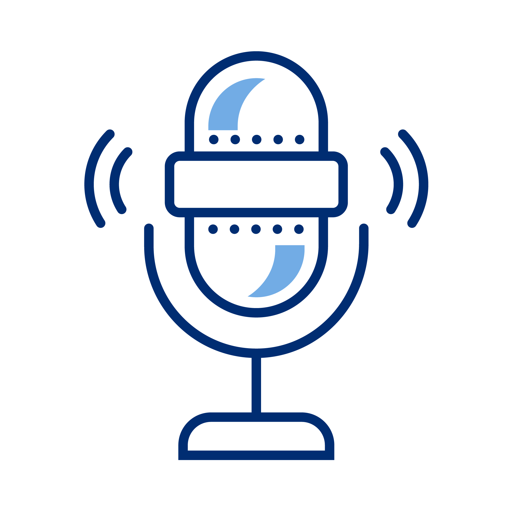 Icon of a microphone emitting sound waves, with a band-aid across it, indicating sound injury or impairment, on a black background.